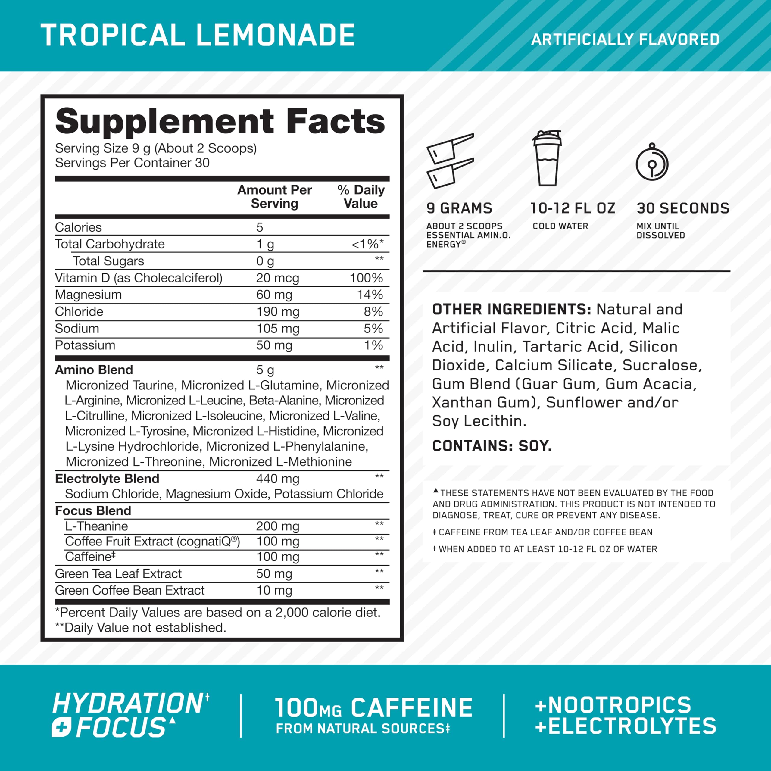 Optimum Nutrition Amino Energy Powder Plus Focus, Tropical Lemonade, 9.5 Oz — Amazon image 2