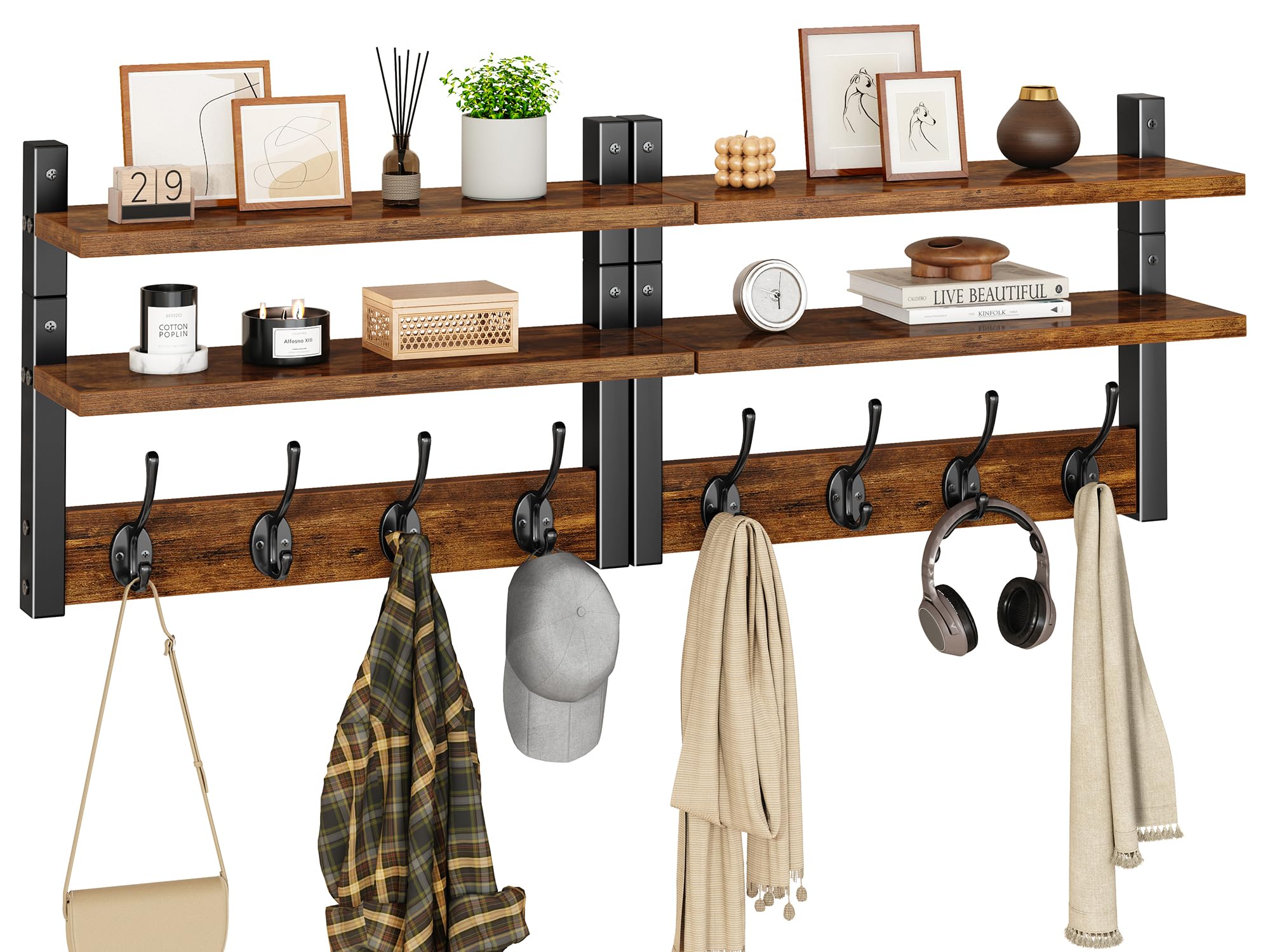 YMYNY 2-Tier Coat Hooks Wall Mounted with Shelf, Rustic Brown HWS009H-2 — image 1