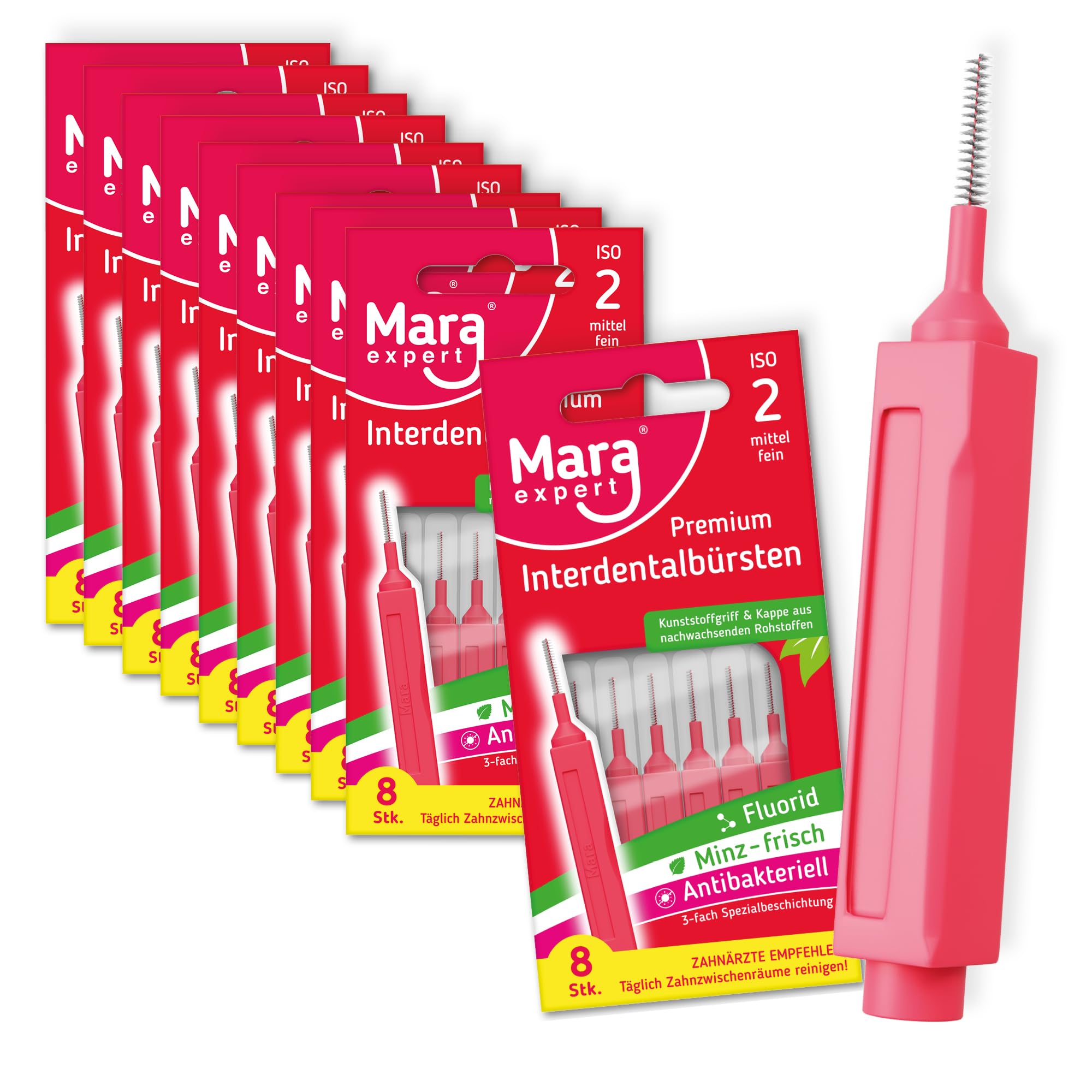 MARA EXPERT Cepillos interdentales ISO 2 – 10 x 8 cepillos interdentales rosa – Cepillo interdental con cerdas naturales – Manual, estacionario, para dientes, implantes, coronas, aparatos ortopédicos