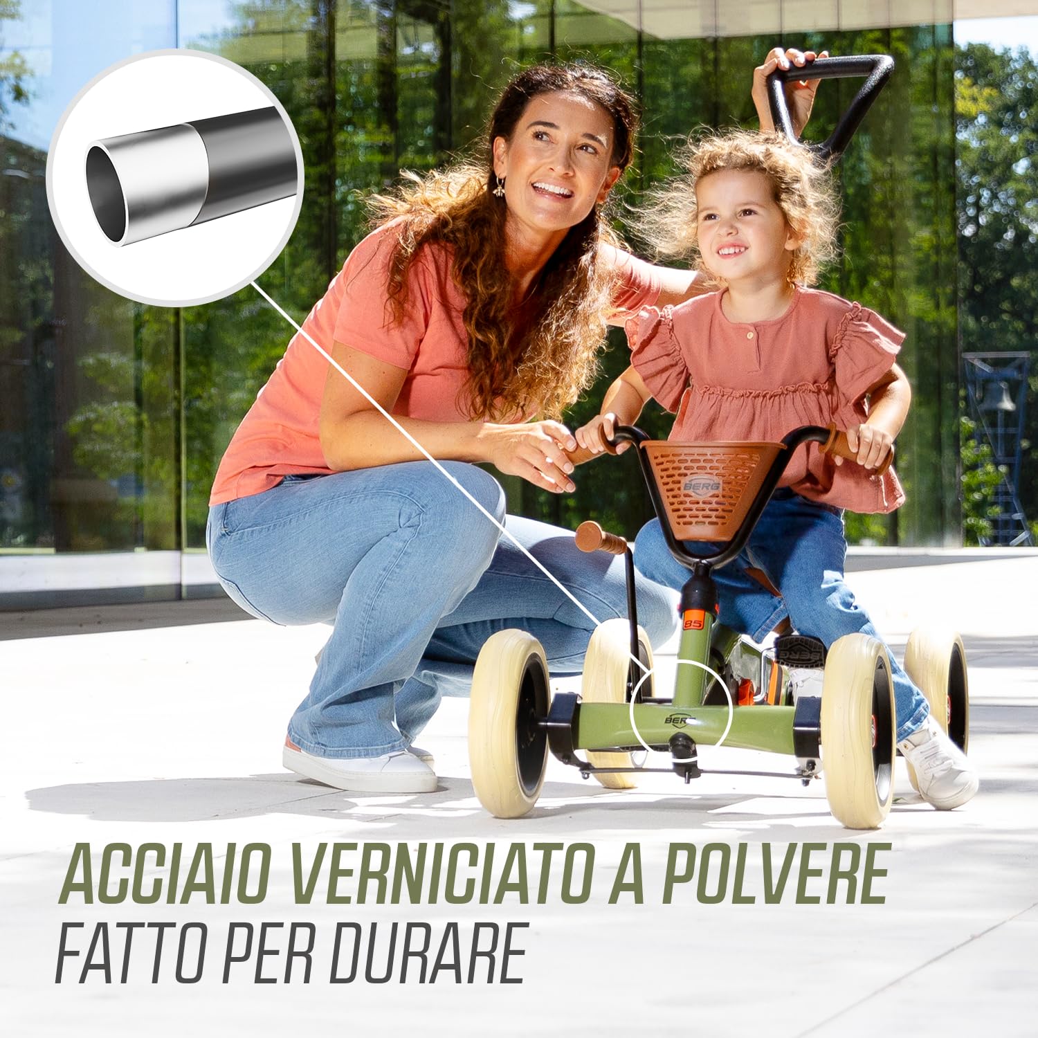 BERG Pedal-Gokart Buzzy 2 in 1 incl. asta di spinta Gokart con ruota libera, veicolo a pedale, veicolo per bambini con freno a mano, veicolo a pedale con elevato standard di sicurezza, gokart dai 2