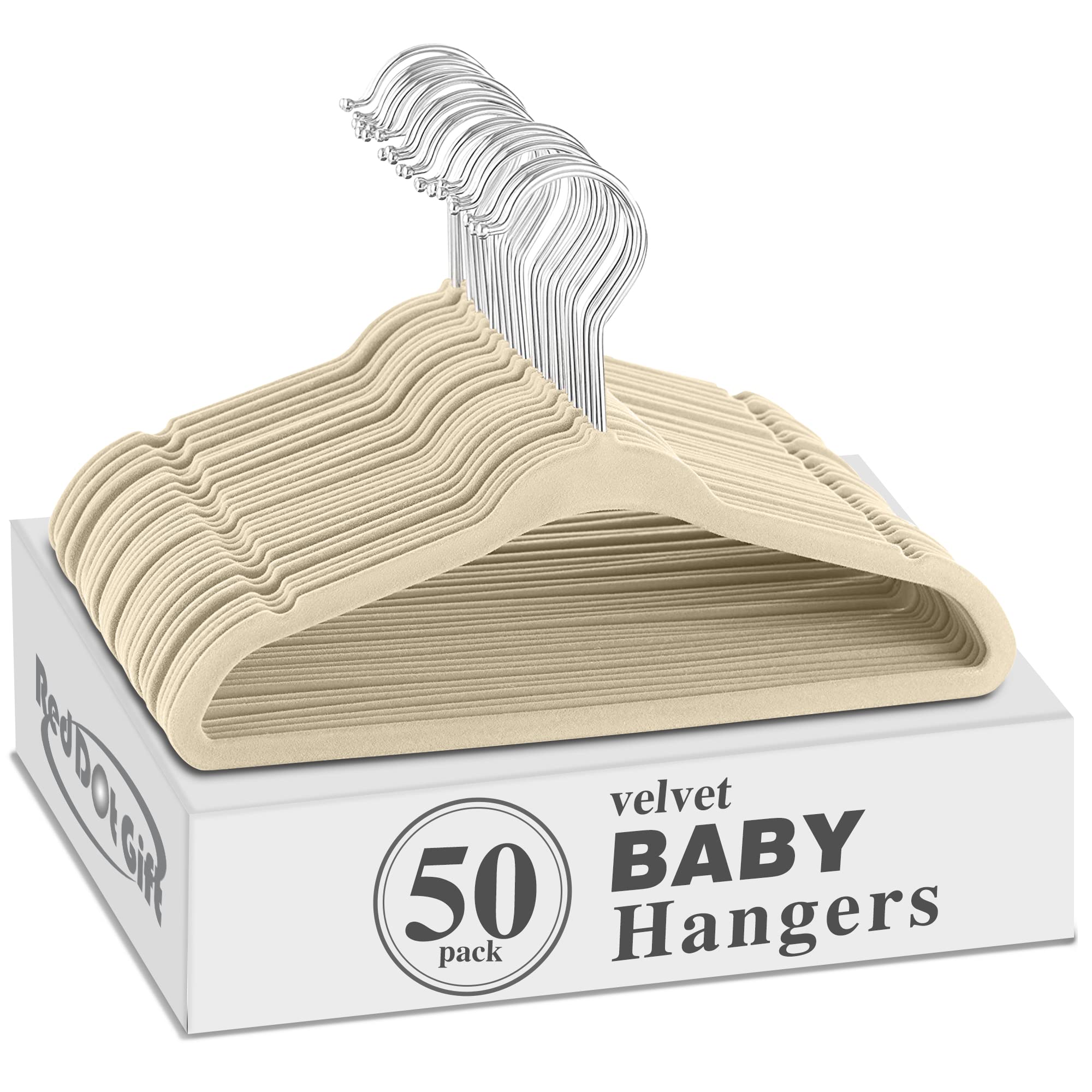 Red Dot Gift50 Pack Baby Velvet Hangers 11Inch/28cm - Nursery Clothes Hangers Non Slip Toddler Hangers, 360 Chrome Swivel Hook (Beige, 50)