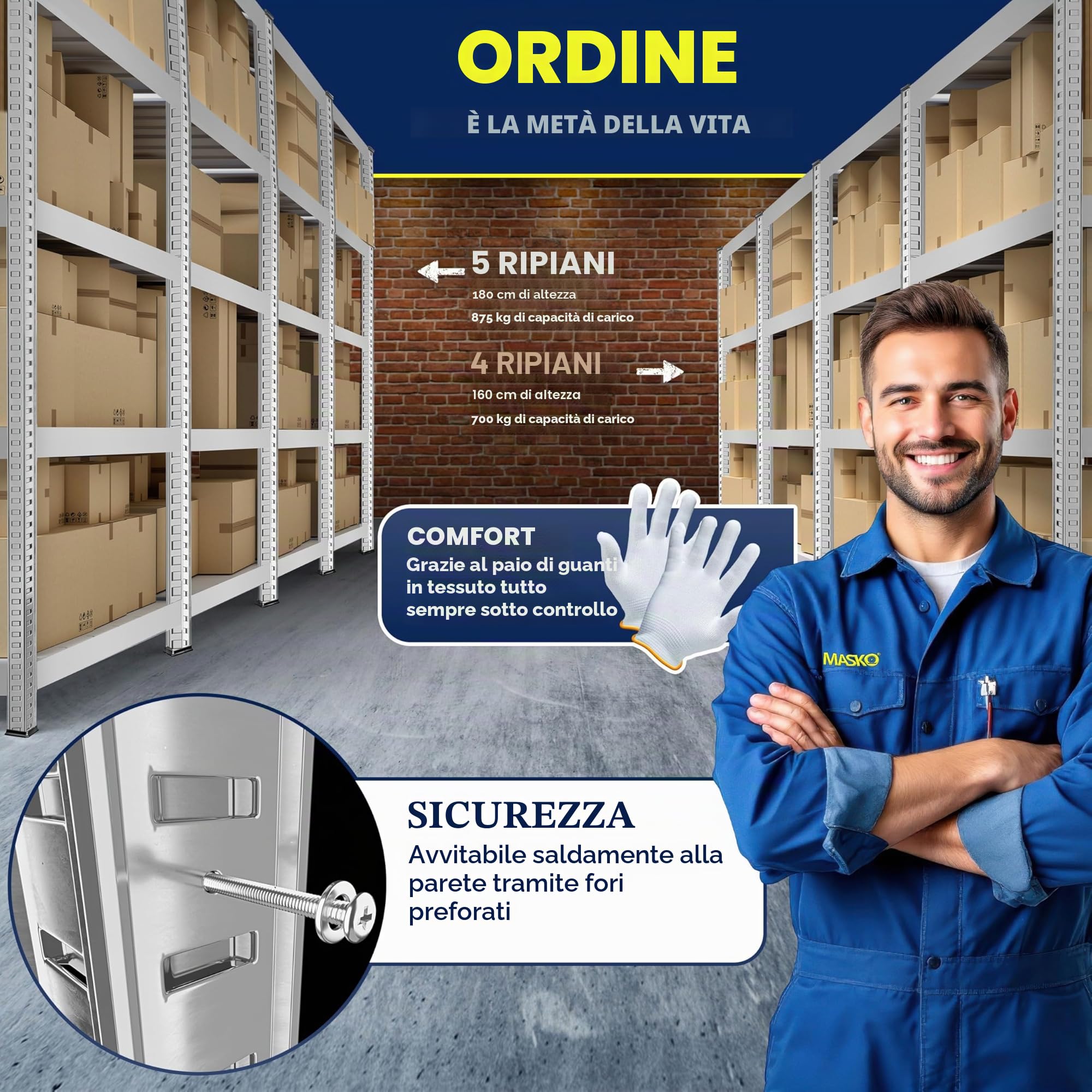 MASKO® - Scaffale per carichi pesanti, 2 pezzi, 180x90x40 cm, portata fino a 875kg, con 5 ripiani regolabili, in pannelli di fibra a media densità (MDF) e metallo, per officina, cantina, garage,