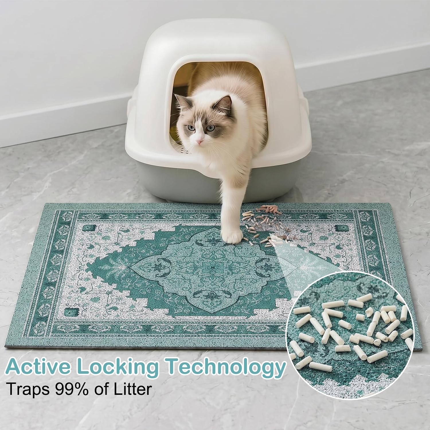 Glittme Cat Litter Mat with Non-Slip Bottom Litter Box Mat 40"X30" Litter Trapping Mat Easy to Clean Washable Cat Food Mat for Kitty,XL image 2