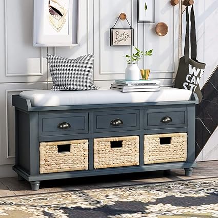 SOFTSEA Retro Storage Bench with 3 Drawers, 3 Rattan Baskets and Removable Cushion for Entryway Hallway, Fully Assemble(Antique Navy)