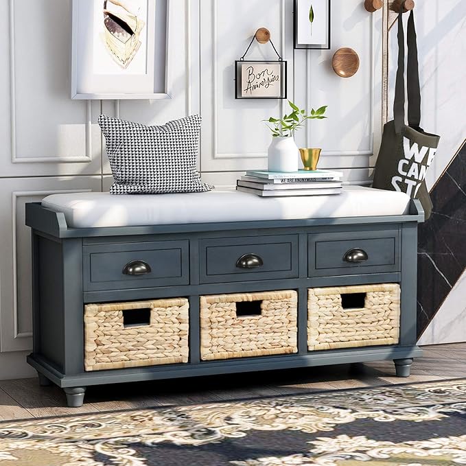 SOFTSEA Retro Storage Bench with 3 Drawers, 3 Rattan Baskets and Removable Cushion for Entryway Hallway, Fully Assemble(Antique Navy)