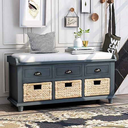 SOFTSEA Retro Storage Bench with 3 Drawers, 3 Rattan Baskets and Removable Cushion for Entryway Hallway, Fully Assemble(Antique Navy)