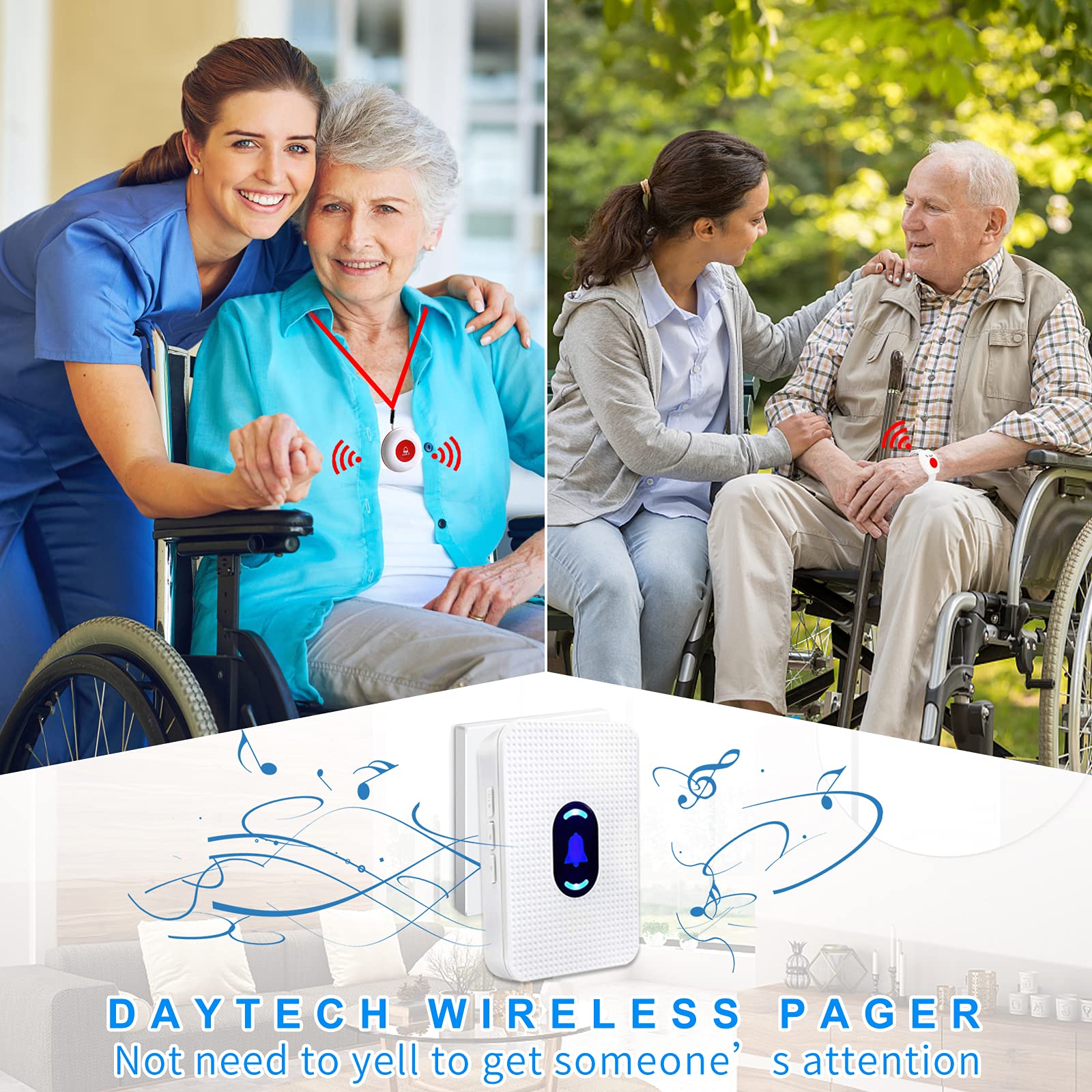 DAYTECH Allarmi personali wireless per anziani, pulsante di chiamata per anziani, allarme da polso, pulsante antipanico, campanello per pazienti disabili domestici, anziani, con 1 ricevitore plug-in