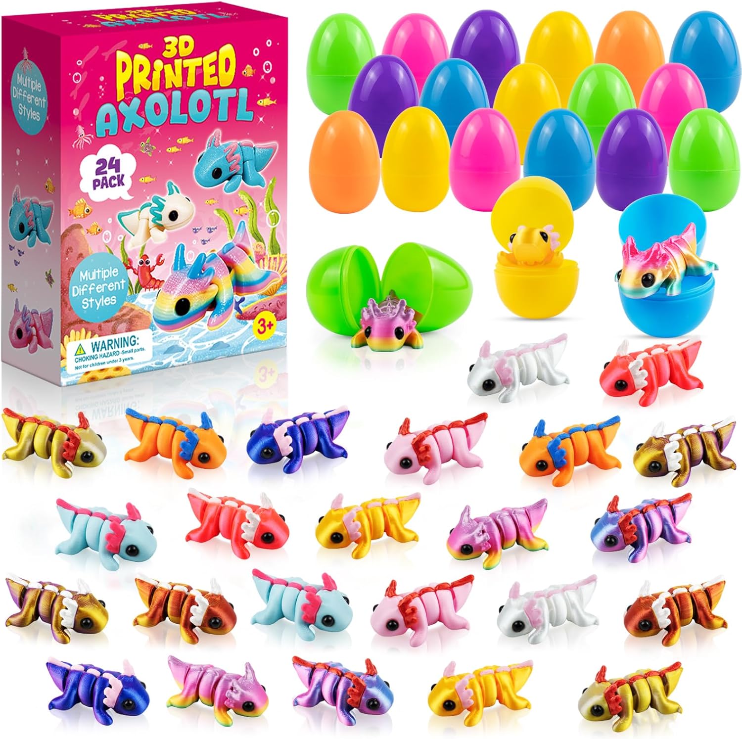 Easter Basket Stuffers - Easter Basket Essentials - 24 Pack Prefilled Easter Eggs Filled with 3D Printed Axolotl Toys - Mini Animal Fidget Figures Easter Gifts for Toddlers Boys Girls