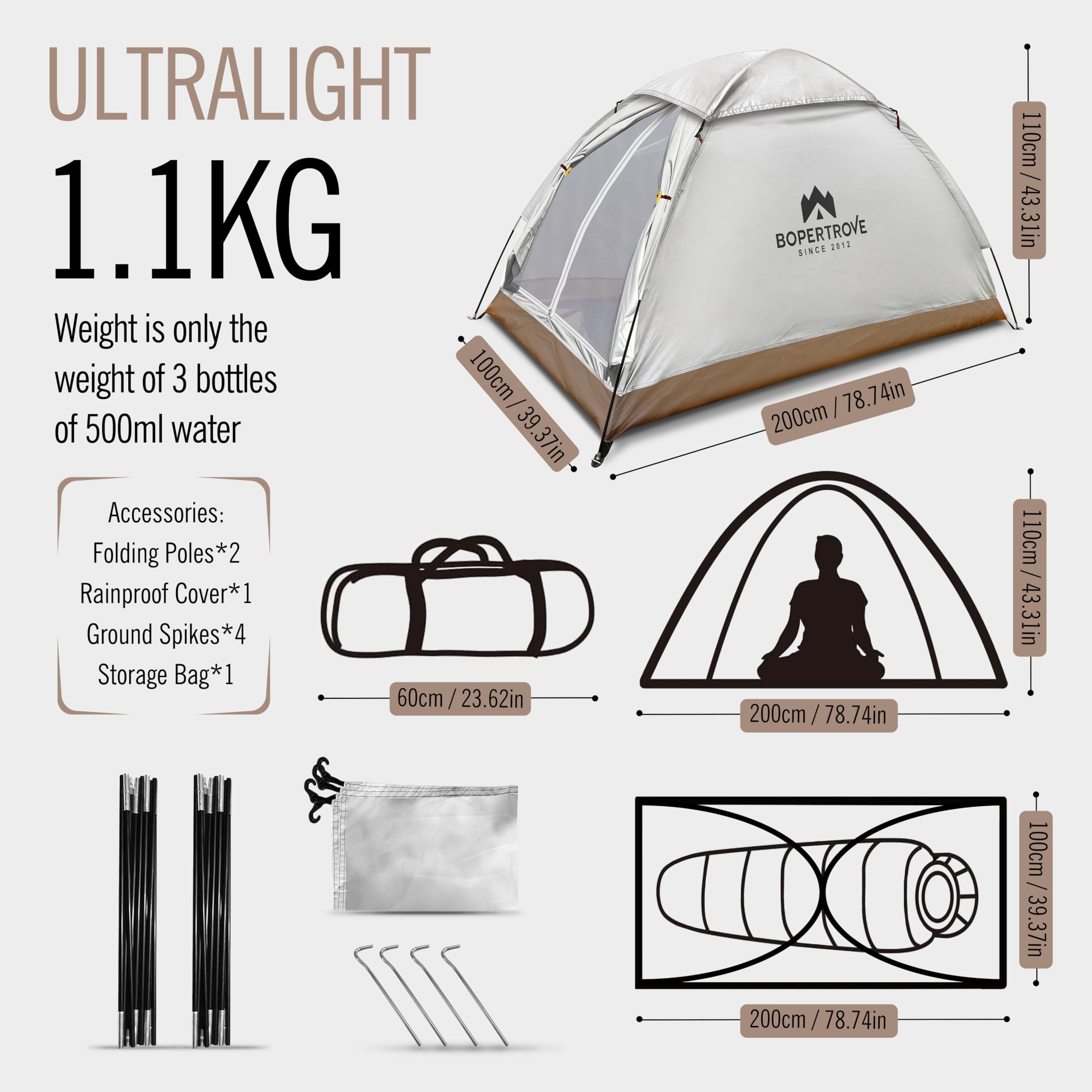 Zelt 1 Person, Biwakzelt, 1 Mann Zelt Kleines Packmaß, Einmannzelt Ultraleicht Wasserdicht, Tent Camping Festival Zelt, Mini Kuppelzelt für Trekking, Bikepacking, Angel, Motorrad Ultralight Zelt Sport & Freizeit