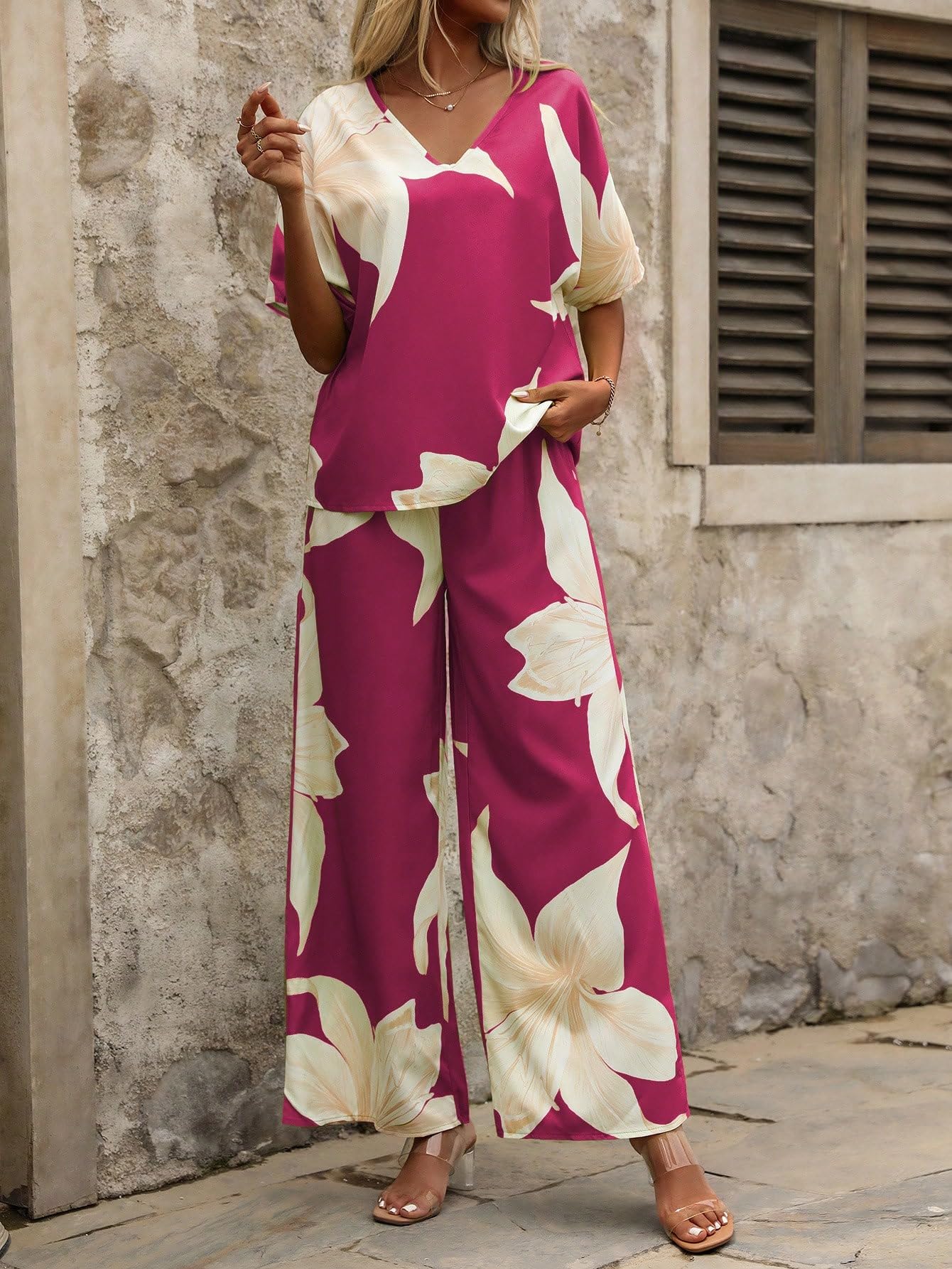 Shasmi Women's Casual Elegant Pink Floral Printed Batwing V-Neck Blouse, Sleeve Shirt, Wide Long Pants for Ladies 2pcs/Set, Spring Outfits For Women (Co-Ods 189 Pink-M) - Image 4 thumbnail