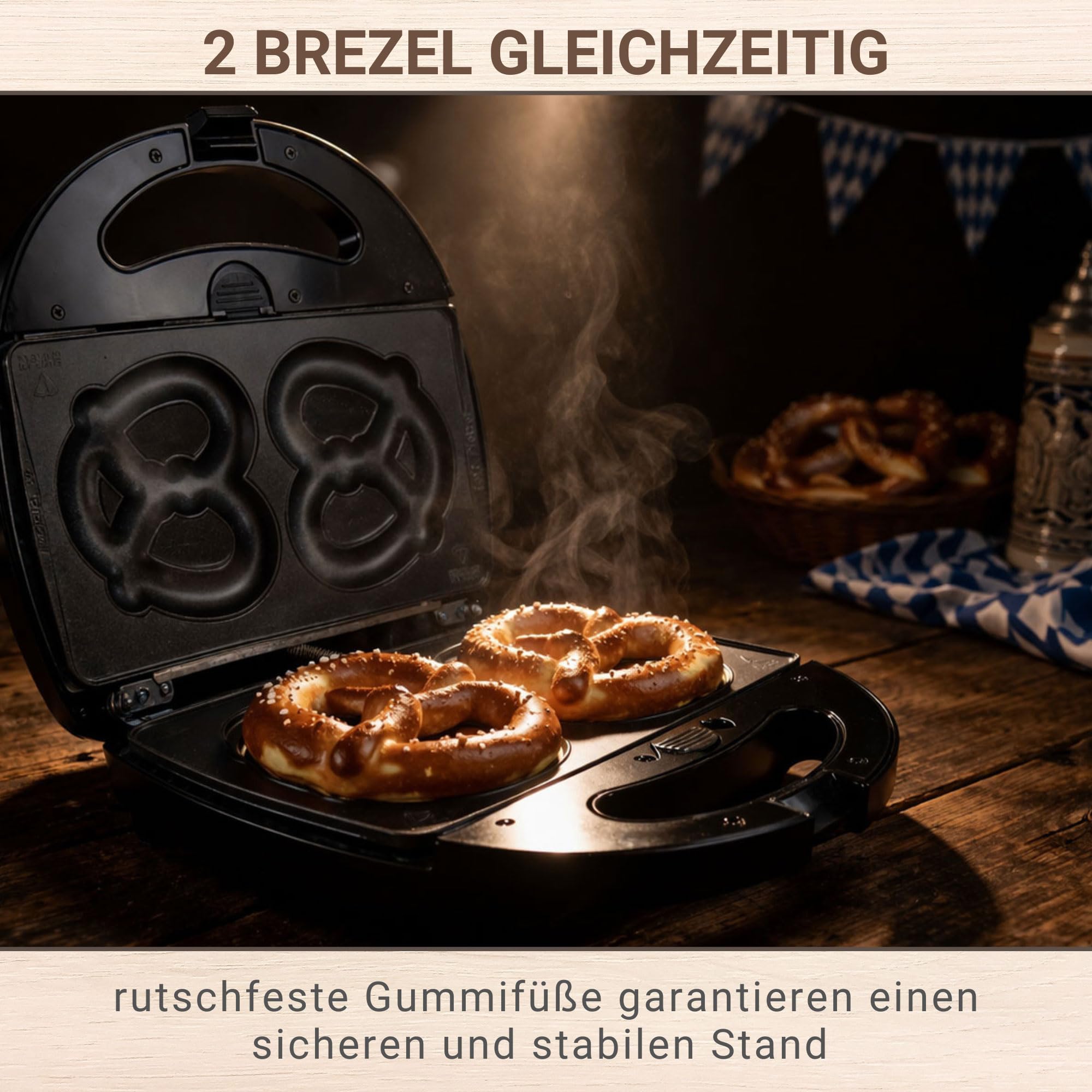 Syntrox Germany SM-1300W-Soft-Brezel Maker mit antihaftbeschichteten Wechselplatten für 2 große Brezeln