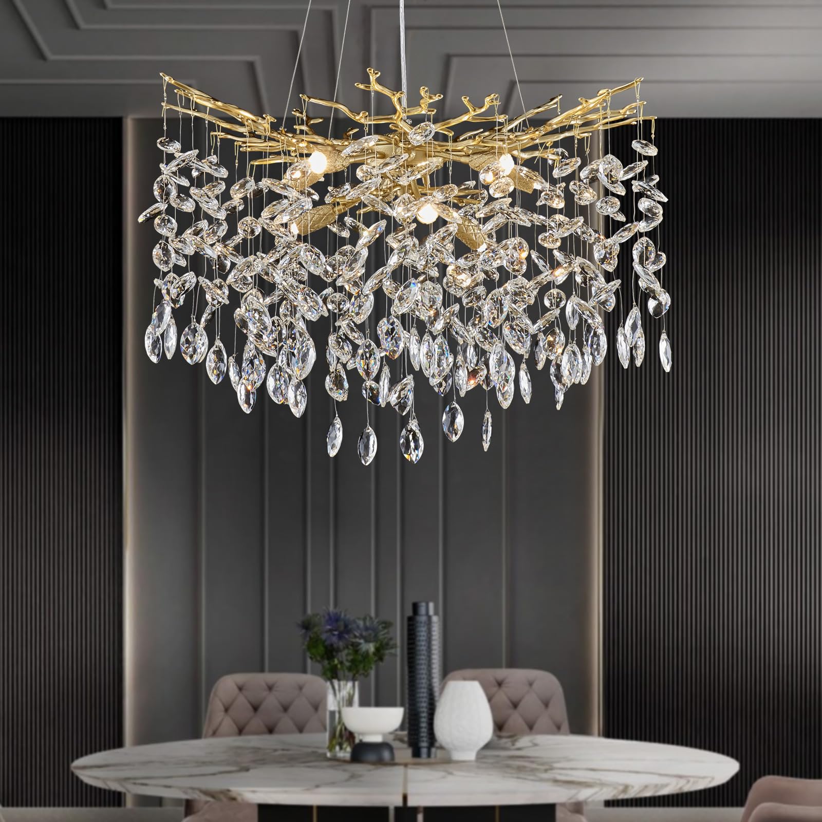 Modern Gold Chandelier Light Fixtures - Dia 24.8 inches Luxury Crystal Chandelier Lighting, Branch Tree Kitchen Light Fixtures, Led Beaded Crystal Chandeliers for Dining Room, Bedroom, Living Room