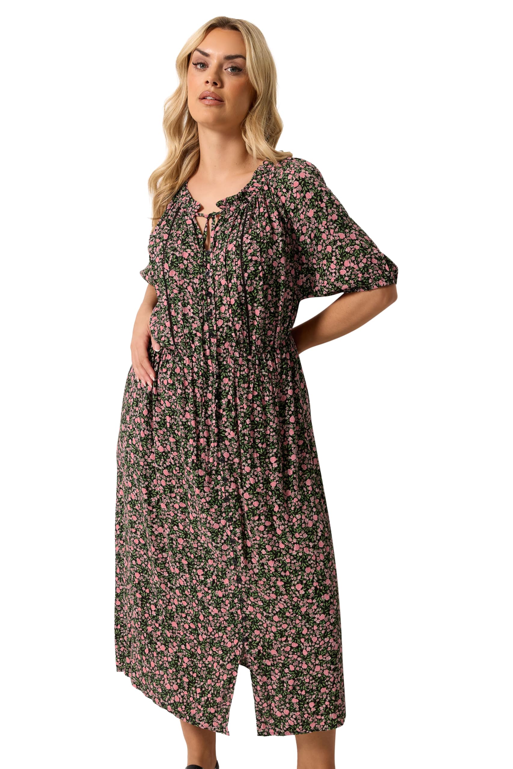Yours Women's Black Ditsy Floral Pintuck Maxi Dress In Size 22-24