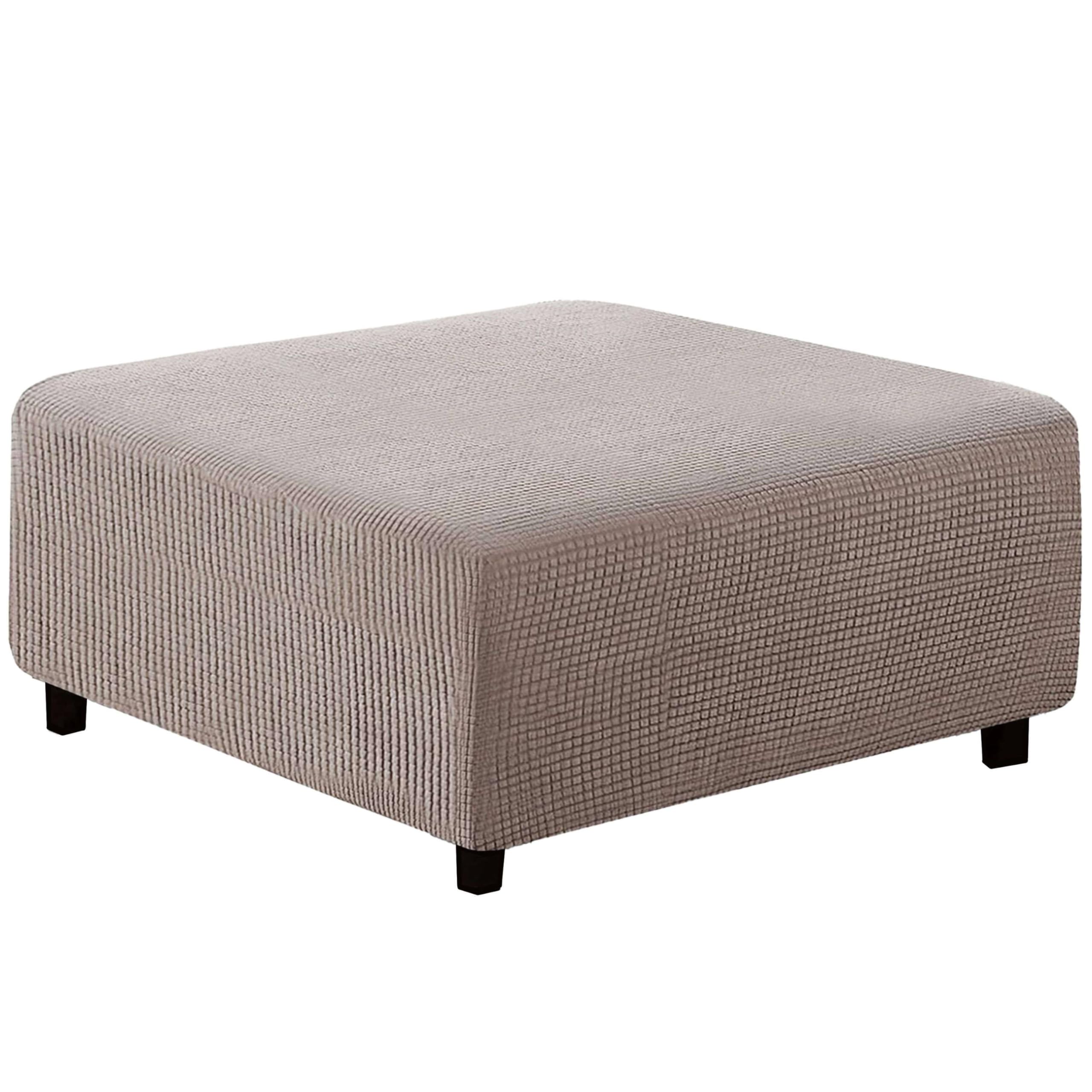 qiden Square Footstool Cover Jacquard Plush Thicker Large Stretch Pouffe Cover Anti-Slip Ottoman Slipcovers With Elastic Bottom, Machine Washable-Taupe-Medium