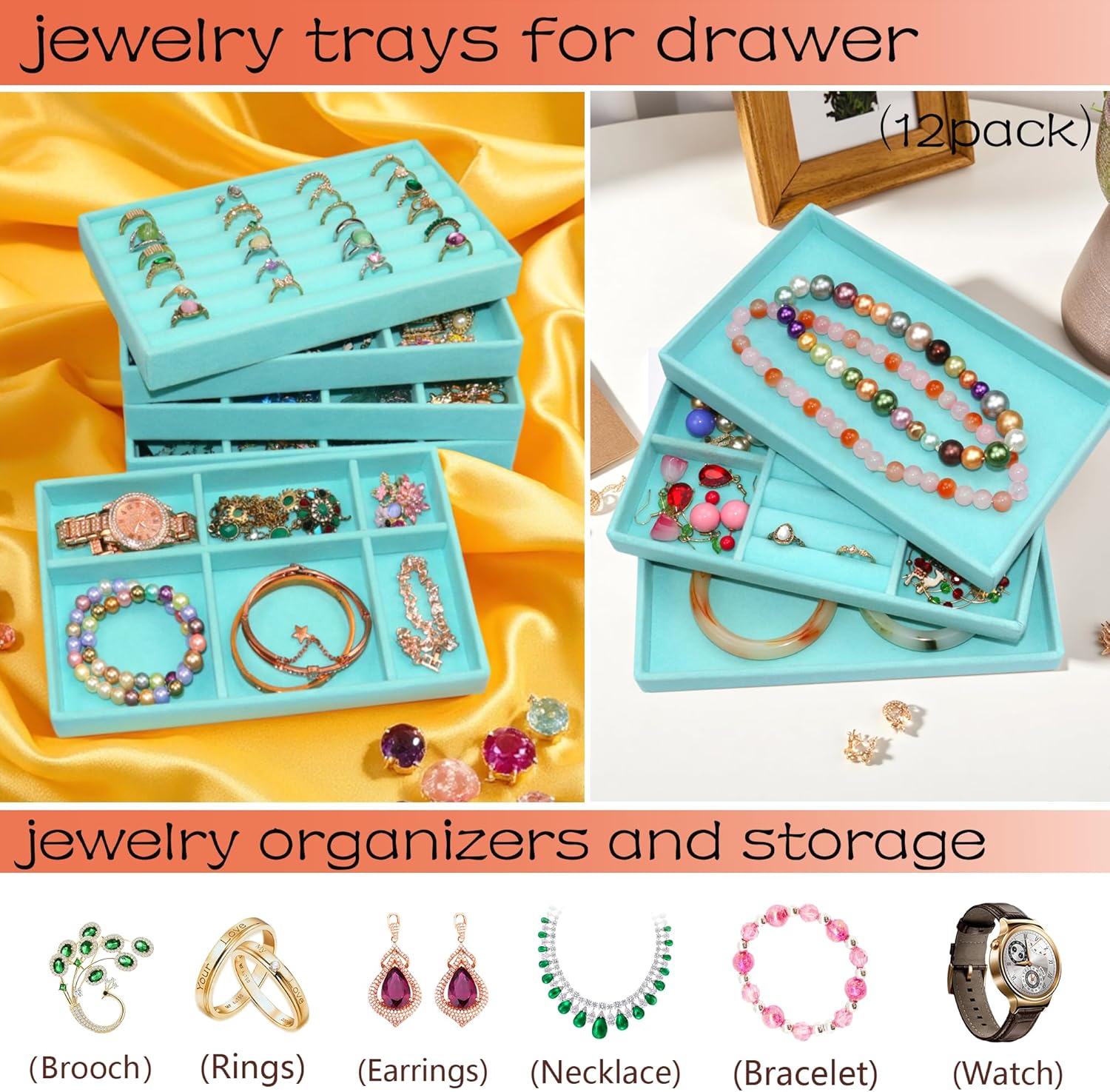 12 Set Jewelry Trays Organizer Stackable Jewelryy Display Case Storage Box for Earring Necklace Rings Bracelet Watch