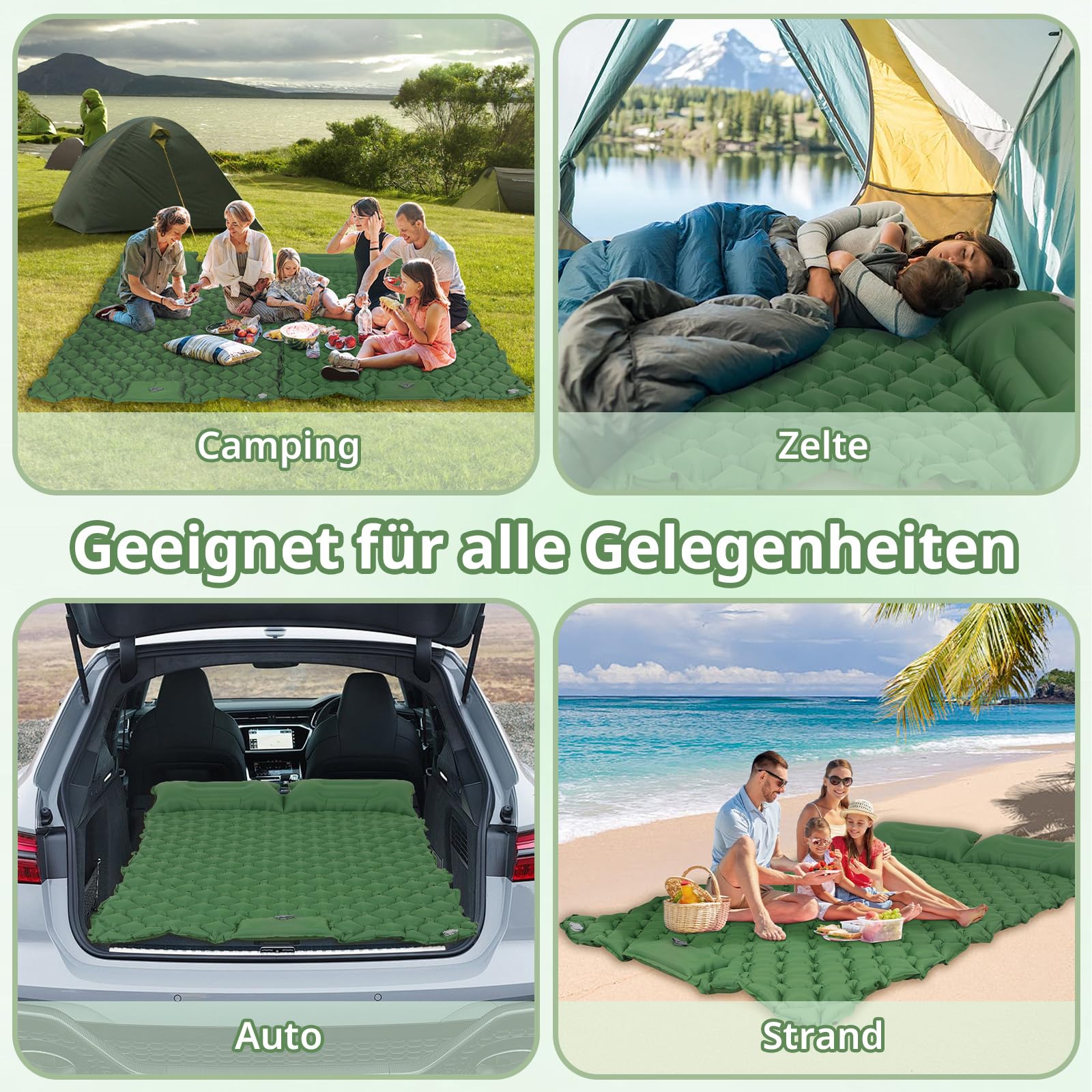 Materassino autogonfiabile per 2 persone, materassino da campeggio con pompa, ultraleggero con cuscino integrato, impermeabile, per esterni, escursioni, 120 x 190 cm (verde)