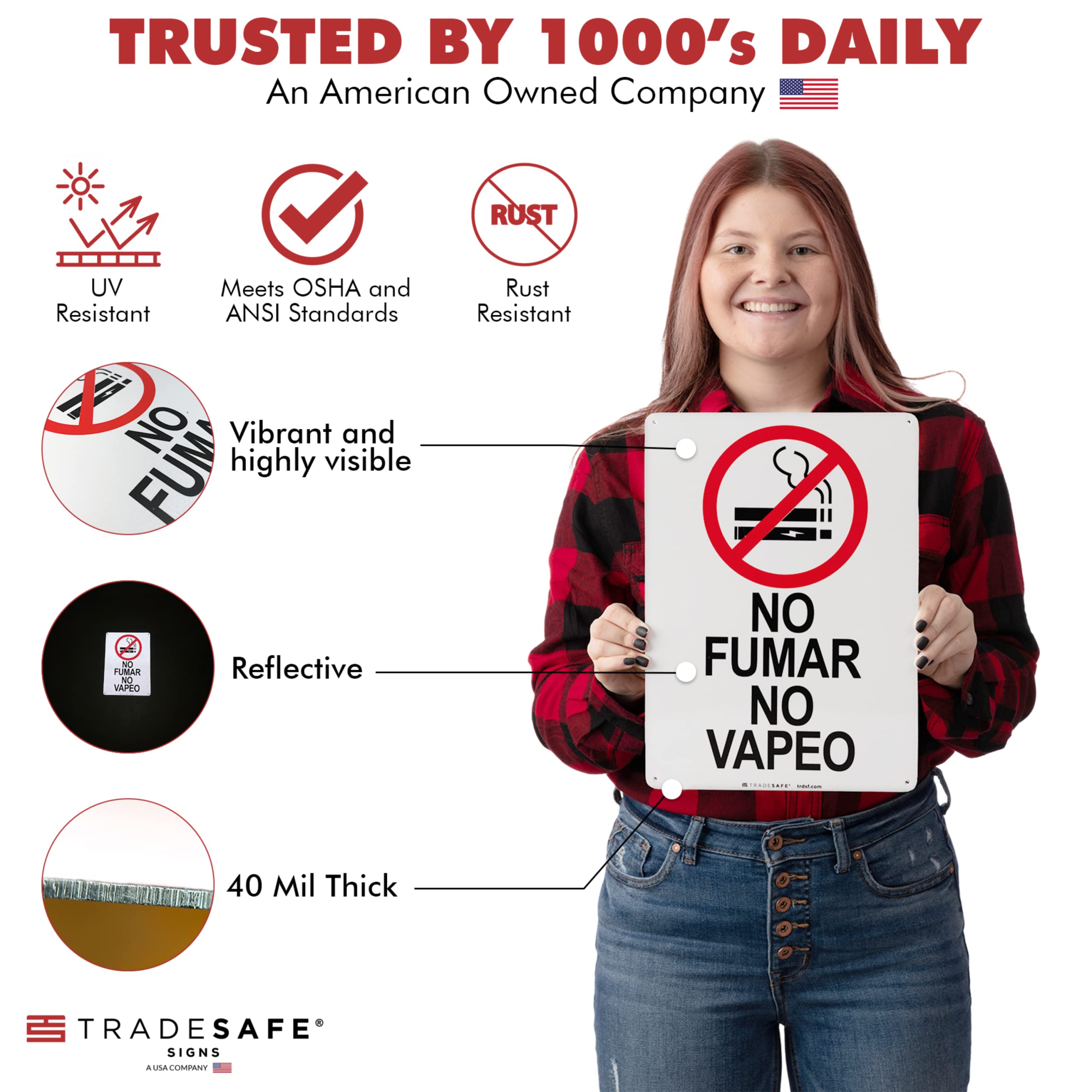 TRADESAFE No Smoking No Vaping Sign - No Fumar No Vapeo Spanish Sign, Quick Install Aluminum Safety Sign, Light Reflective, UV-Resistant, Waterproof, 10” X 14”, No Smoking Signs for Business