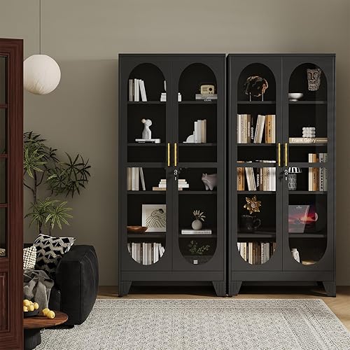 Miniatura 33 de Gabinete de almacenamiento de despensa negro de 61 pulgadas, armario de despensa de cocina con puertas y estantes de vidrio acrílico, con pie de