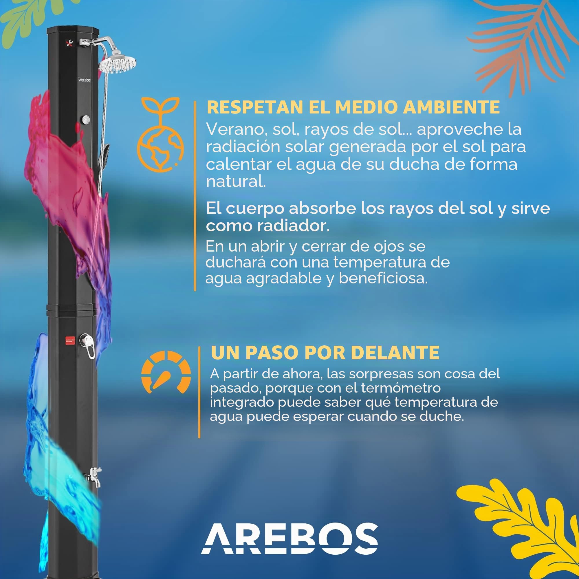 Arebos Ducha solar de 60 L, con ducha de mano y termómetro, temperatura del agua hasta 60 °C, ducha de piscina para camping, cabezal de ducha redondo, tecnología Snap-in, incluye cubierta, color negro