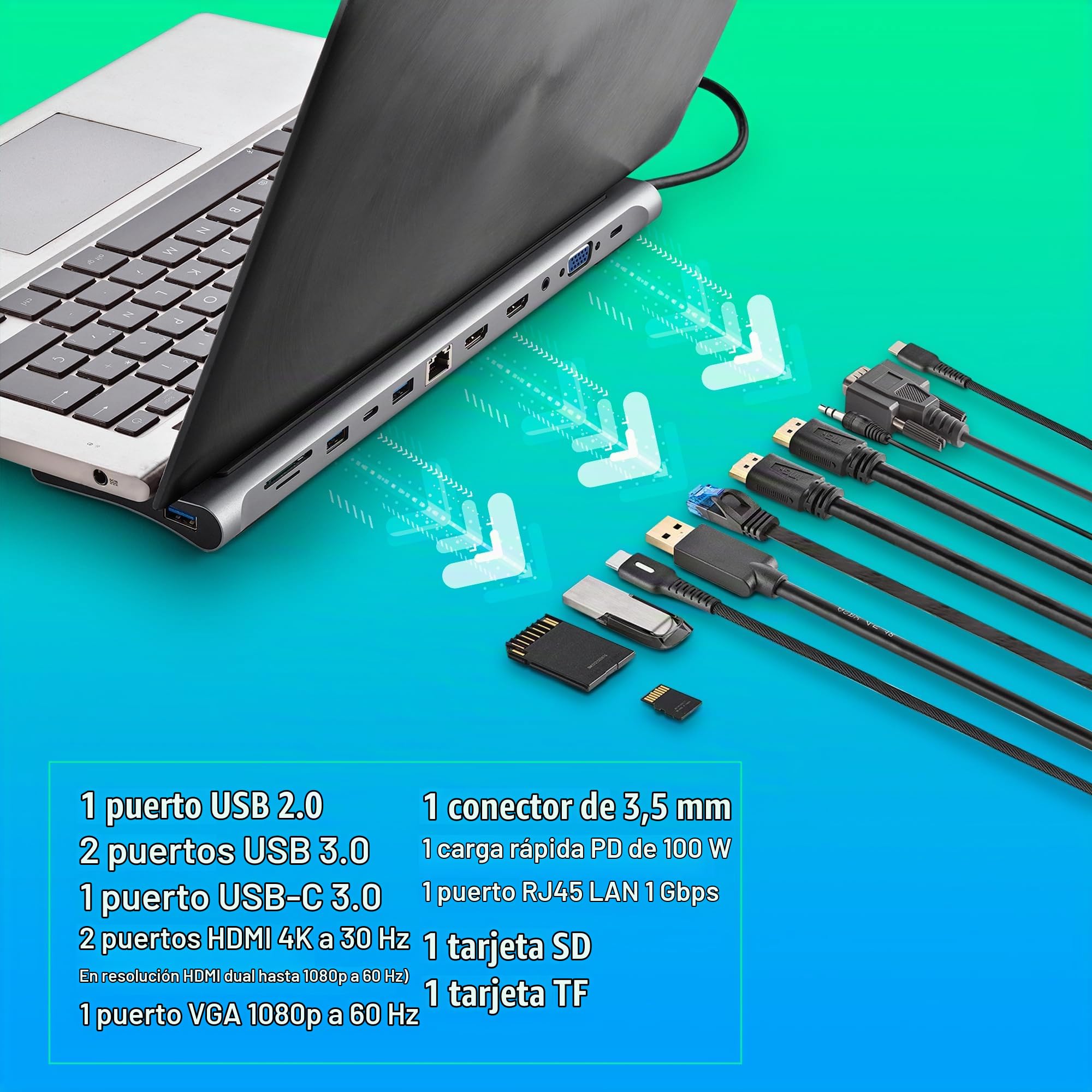 NGS Wonder Dock 12- Adaptador Multipuerto USB-C 12 en 1. Carga rápida | USB 2.0, 2x USB 3.0, 2x HDMI, VGA, entrada de audio, PD (Power Delivery), RJ45 (Ethernet), USB-C y ranura SD/TF