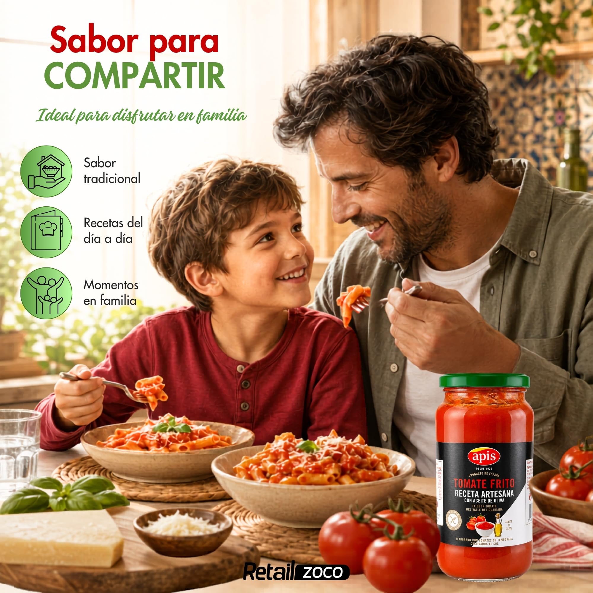 Tomate Frito Apis, Tomate frito Receta artesana con aceite de oliva, Elaborado con tomates de temporada cultivados al sol, Sin Gluten, Producto Español, Contiene 2 Tarros de cristal de 550 gr