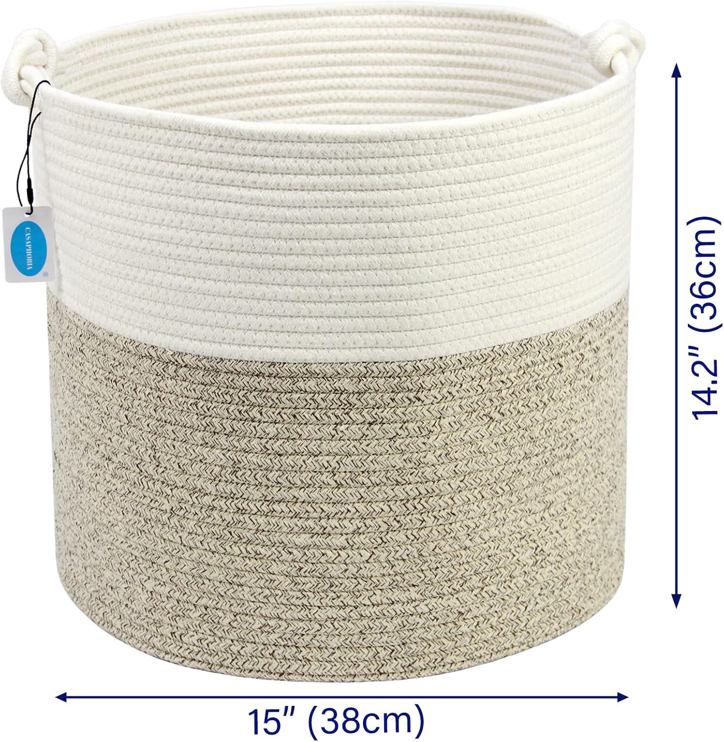Casaphoria Natural Woven Cotton Rope Storage Basket for Organizing Towels Blanket Laundry Baskets for Bathroom,Tall Laundry Basket for Bedroom,Bicolor Round Woven Hampe with Handles for Living Room