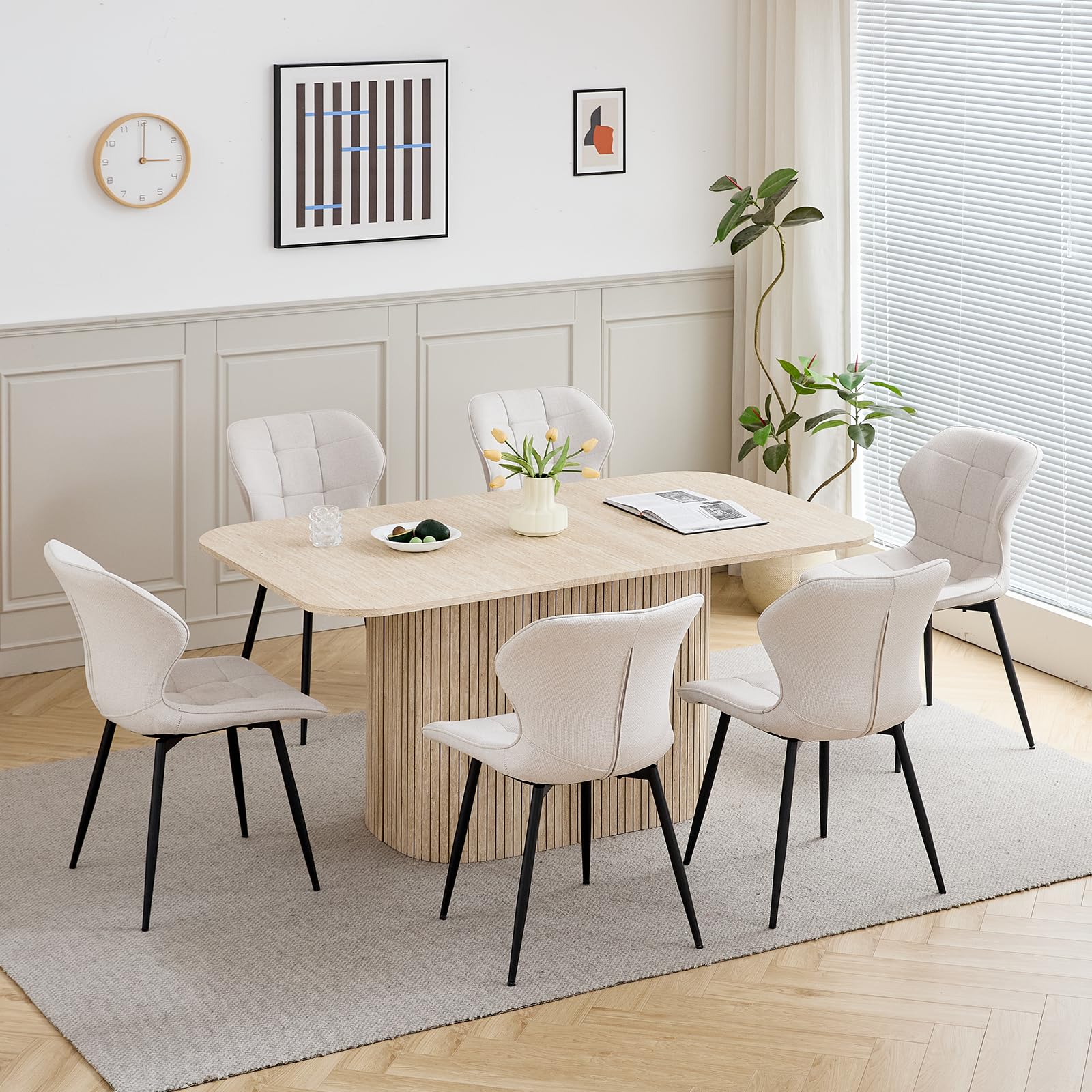 GrandCA HOME Juego de 4 Sillas de Comedor Tapizadas de Lino con Respaldo y Patas de Metal Negro, Silla de Sala de Estar para Cocina, Comedor, Dormitorio - Beige