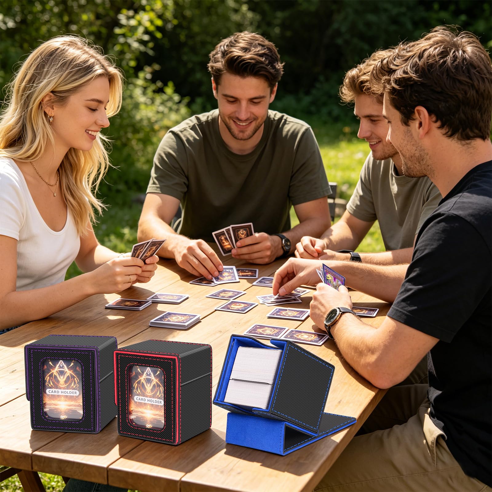 4 Pièces Boîte de Deck Magnétique MTG Commander, Étui en Cuir PU pour Cartes à Collectionner TCG, Peut contenir 100 Cartes sous Double Protection par boîte, Noir‑Rouge/Vert/Violet/Bleu