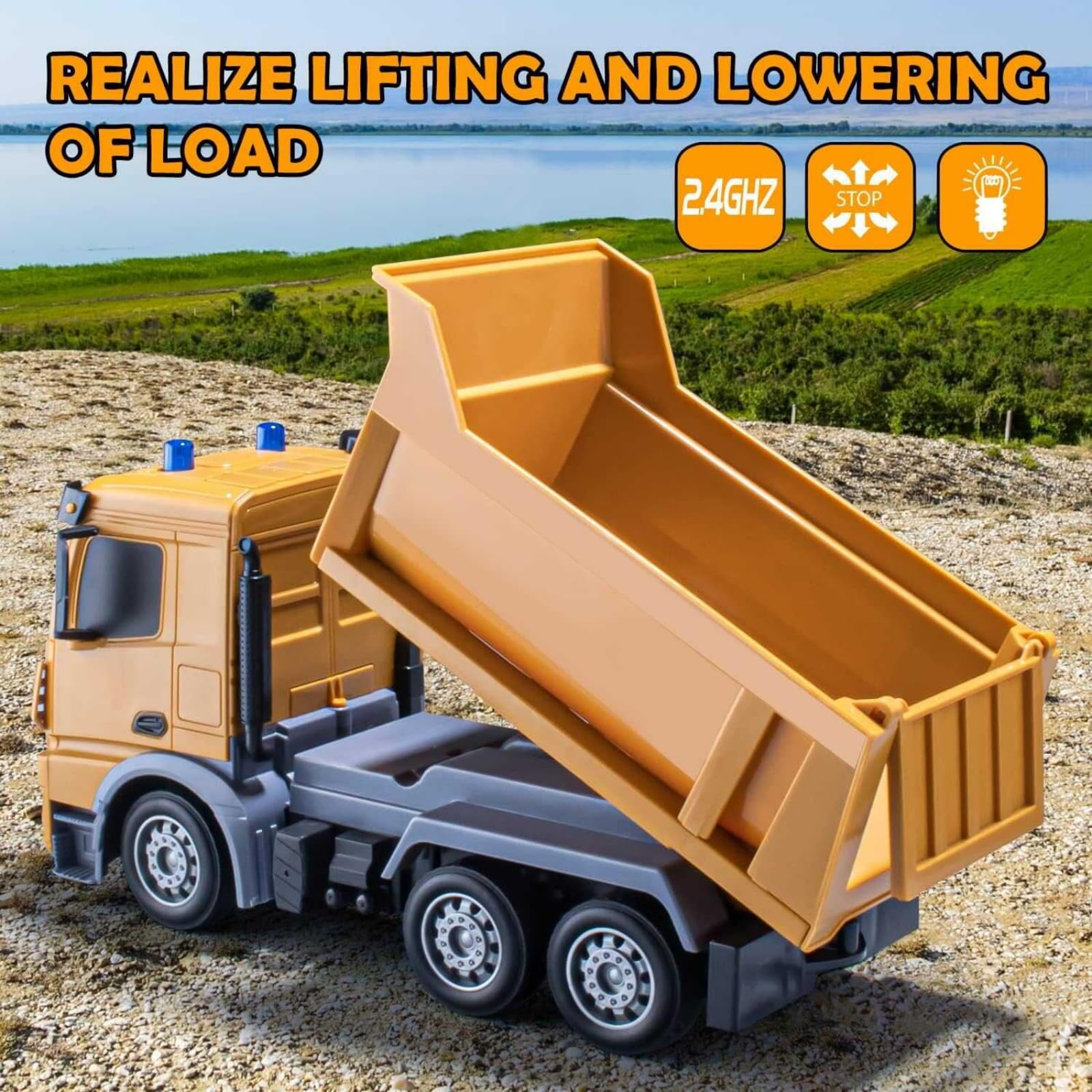 Camion betoniera con tutte le funzioni, giocattolo telecomandato alimentato a batteria, per bambini e bambine, scala 1:24,6 canali， con luci e suoni