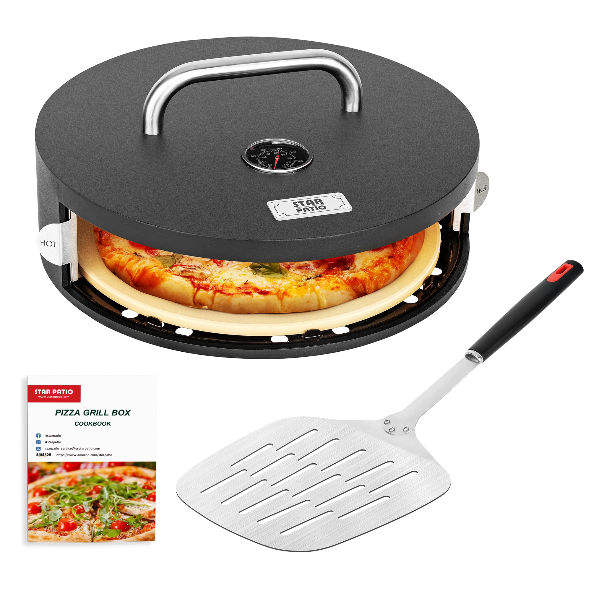 Star Patio Pizza Oven for Grill, ?2024 Upgrade?Grill Top Pizza Oven with Sliding Door, Portable grill pizza oven with Pizza Stone, Pizza Peel, Thermometer, Recipe for Charcoal, Gas Grill, PZB-001N