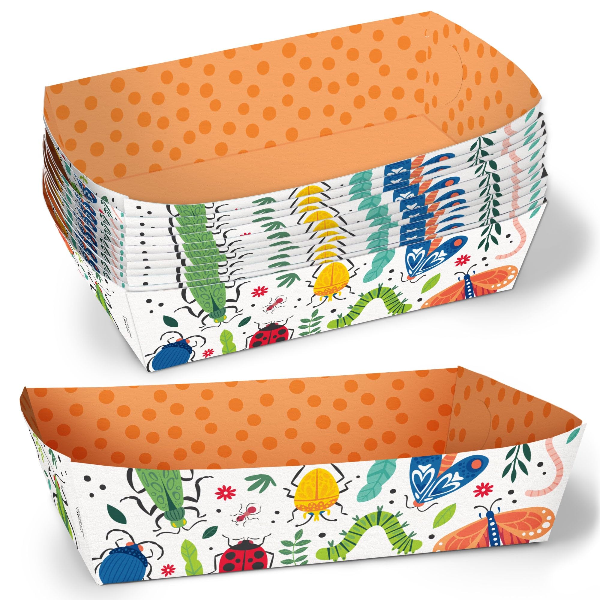 Big Dot of Happiness Bug Party Paper Food Trays, Disposable Food Boats, Colorful Insect Bugs Birthday Supplies, Double-Sided Paper Meal Holders for Nachos, Hot Dogs, French Fries - 12 Ct