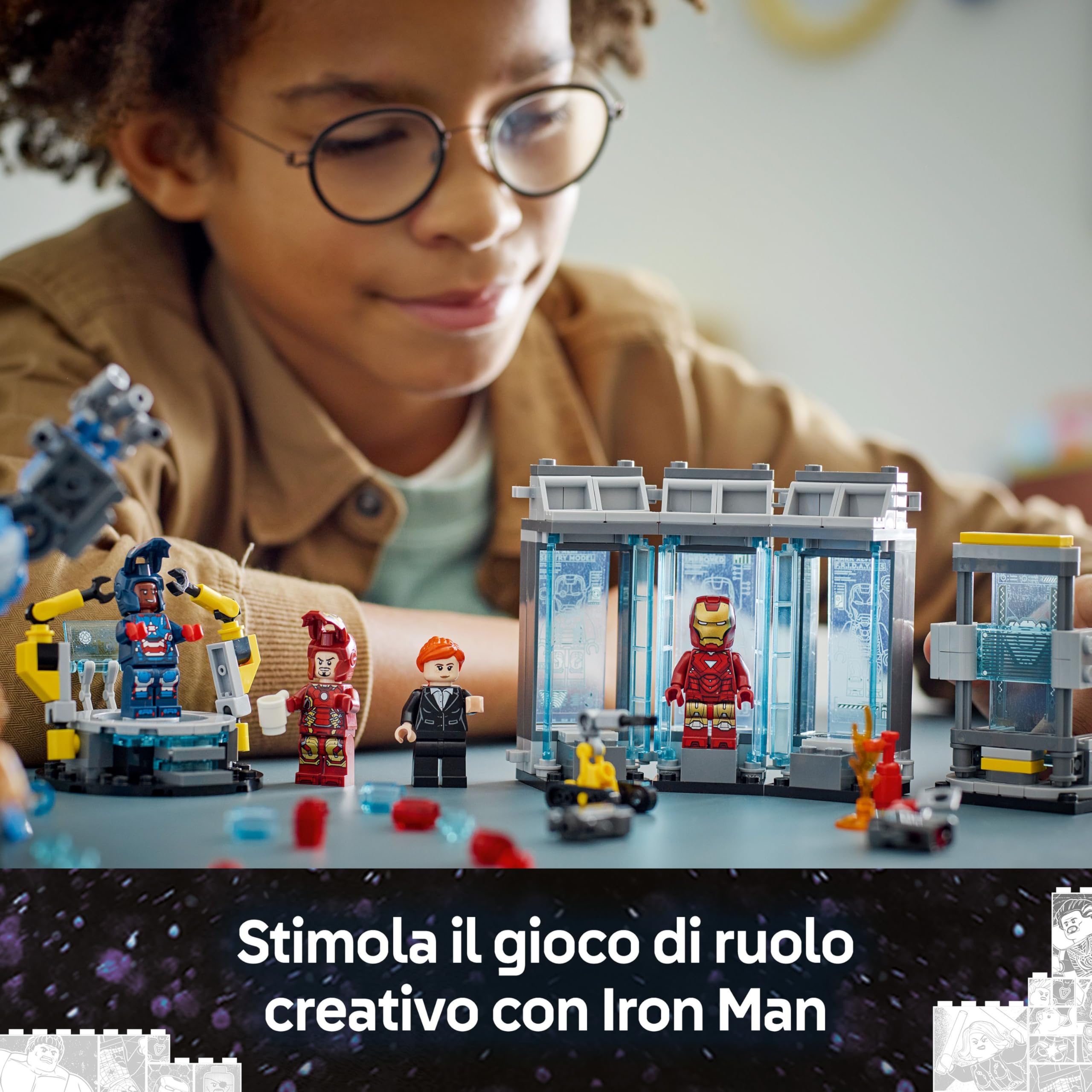 LEGO | Marvel Laboratorio di Iron Man: Sala delle Armature - Giocattolo per Fan dei Supereroi con Mech e 5 Minifigure come Aldrich Killian e Robot Dum-E - Regalo Avengers per Bambini da 8 Anni 76315