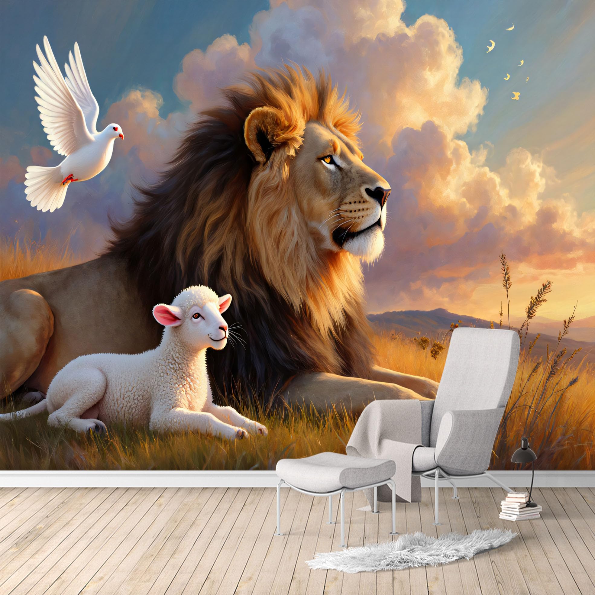 Custom Size Wall Murals,Lion Lamb Dove Sunset Peaceful Meadow Landscape SelfAdhesive Water Activated Removable Wall Covering,Large Photo Wallpaper for Living Room Bedroom Office