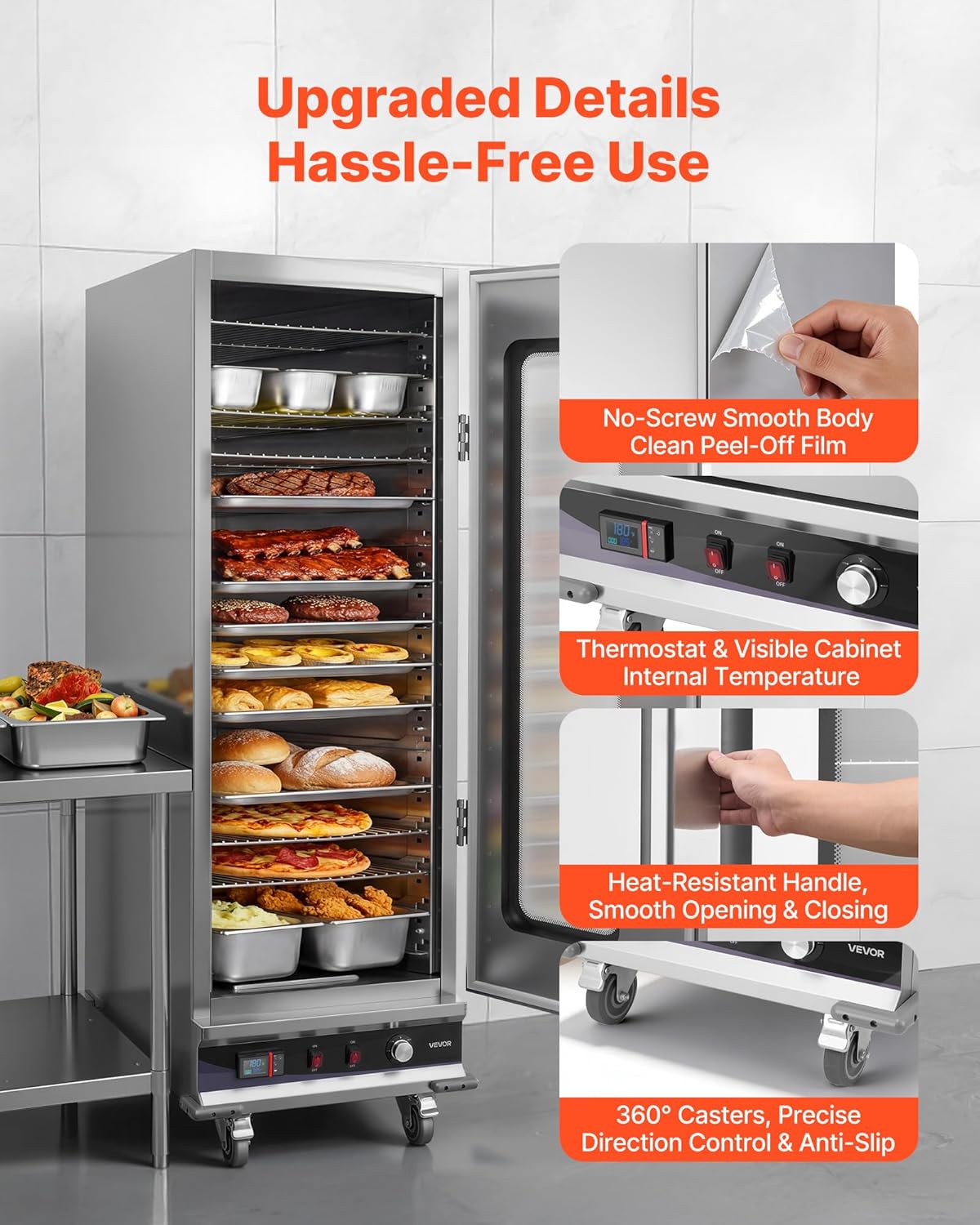 VEVOR Electric Hot Box Food Warmer, 16-Tier Commercial Warming Cabinet with Water Tray, Glass Door and Adjustable Shelves, Stainless Steel Food Warmer Cabinet, for Restaurant, Kitchen, Pizza, Chicken