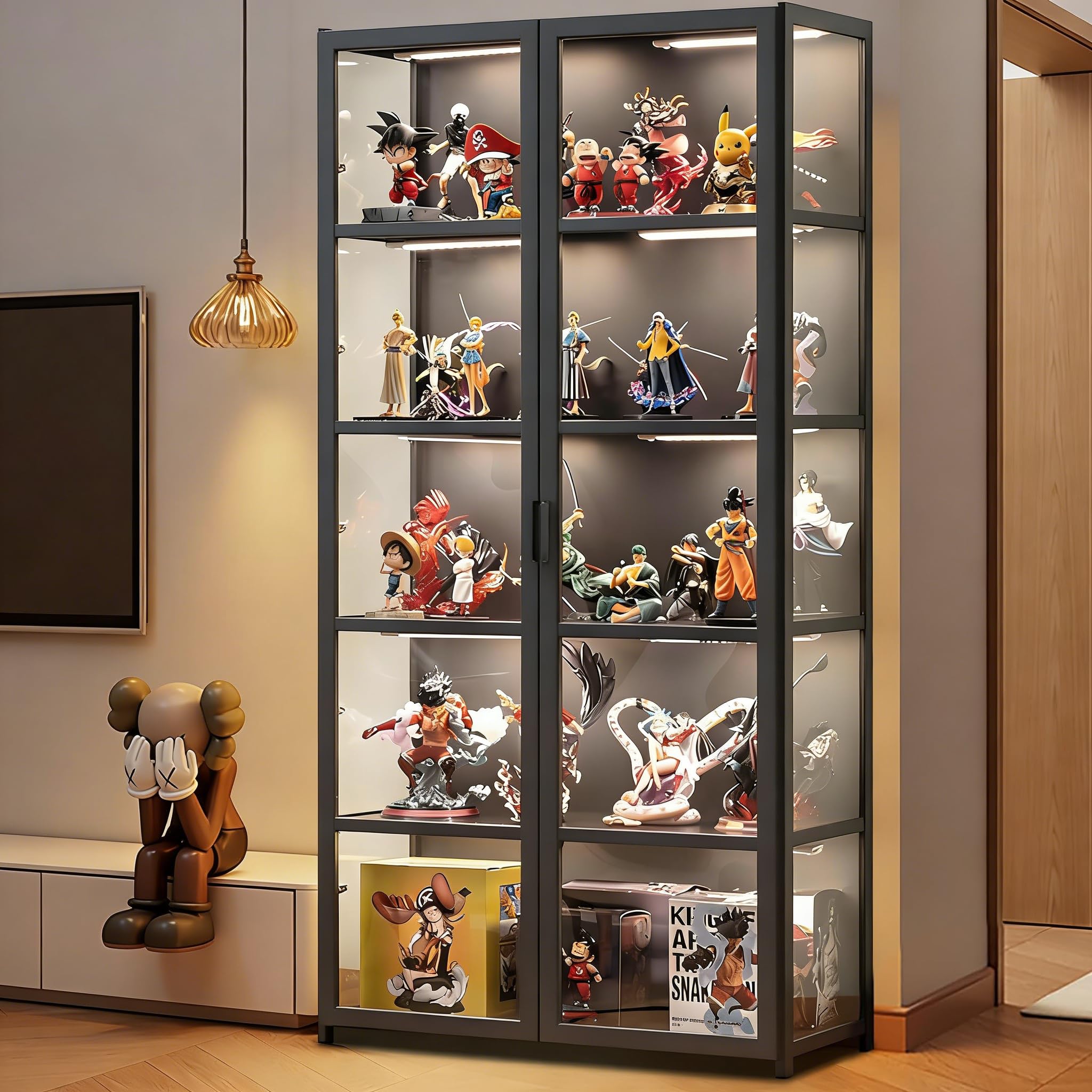 Display Cabinet with Acrylic Glass Door, 5 Tier Curio Display Case, Collectibles Toy Organizers Rack & Display Shelf, Kids Bookcase for Bedroom, Reading Nook, Toddler's Room, Bamboo