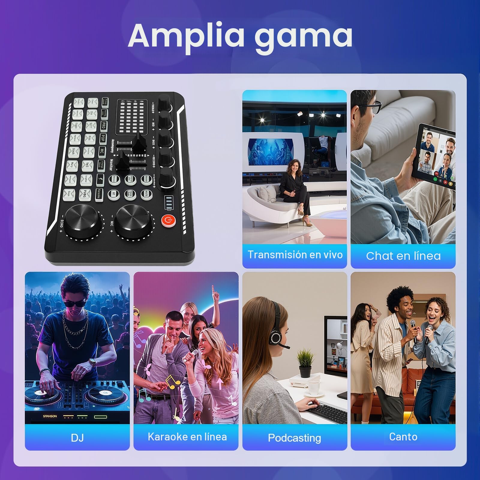 F998 - Mezclador de audio profesional, tarjeta de sonido en vivo e interfaz de audio con efectos mezcladores de DJ y cambiador de voz, con lámpara LED DJ, para streaming en vivo, PC, estudio de