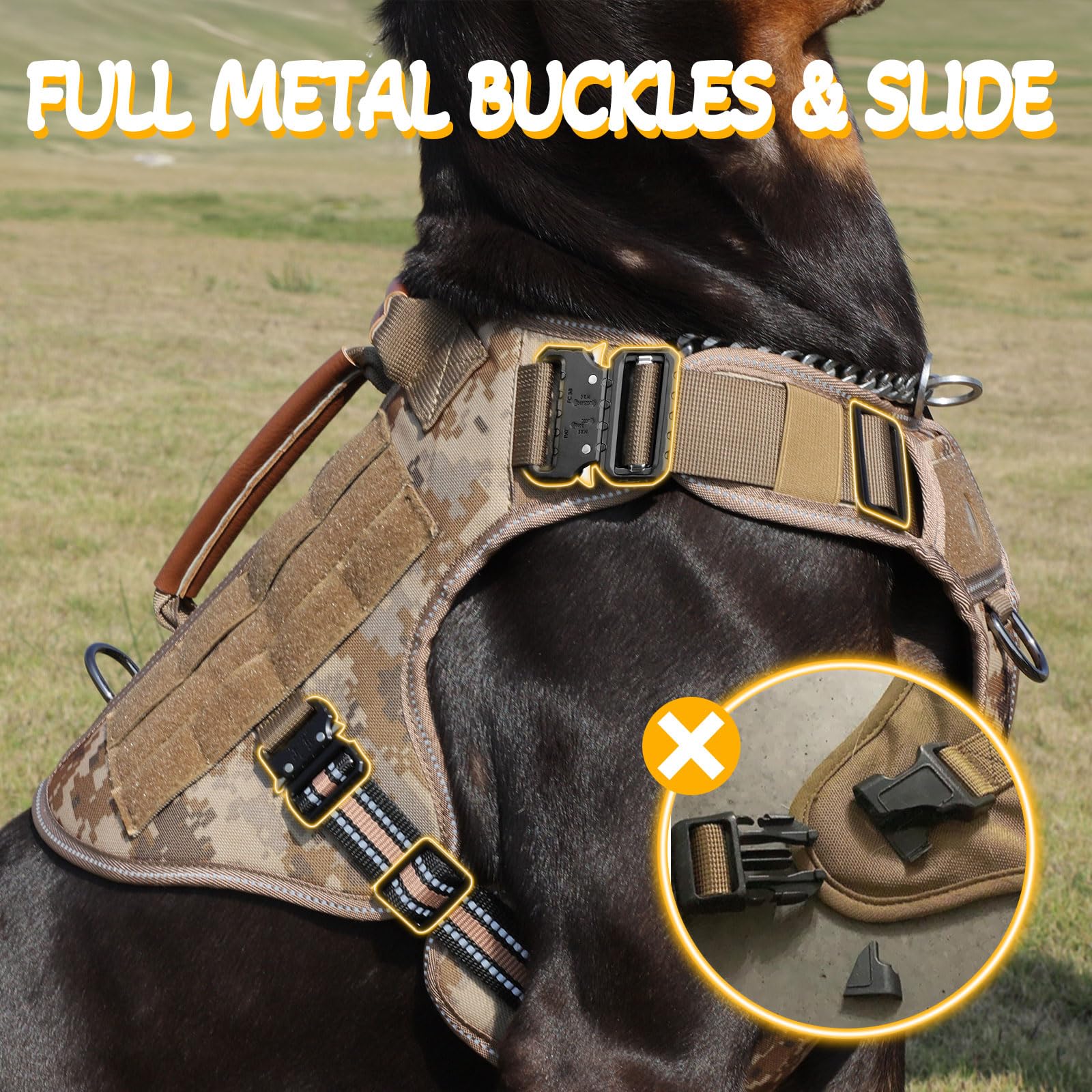 Gilet tattico per cani di servizio, con fibbie in metallo, riflettente, senza tirare, con manico in pelle, gancio e anello per allenamento escursionistico (camouflage deserto, XL)