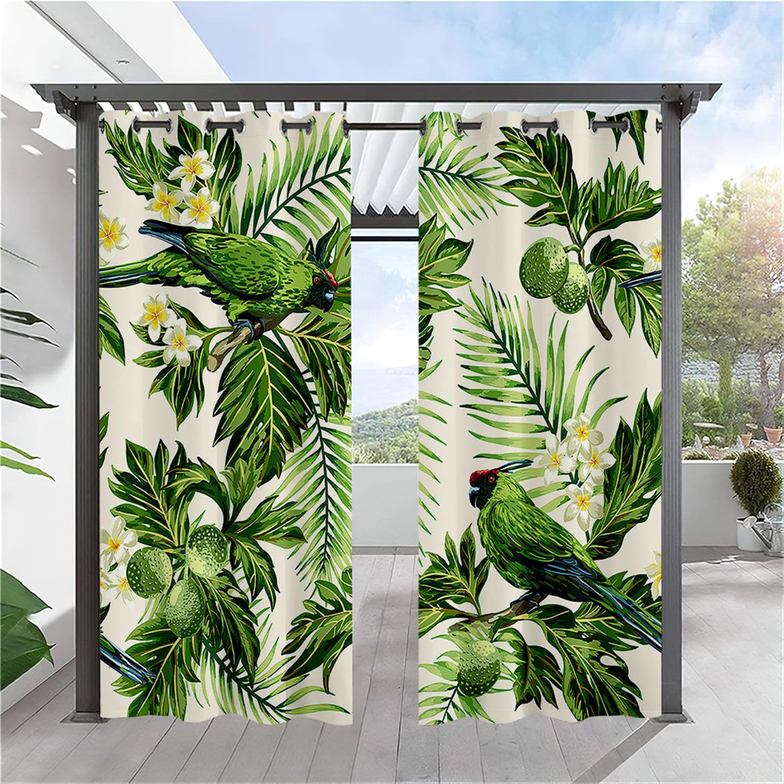 Hiseng Rideaux Extérieur Imperméable, Motif Plante Feuilles 3D Rideau Occultant Isolant Thermique 2 Pieces Rideau d'Extérieur pour Pergola Terrasse avec Oeillet (137x243cm,Plumeria)