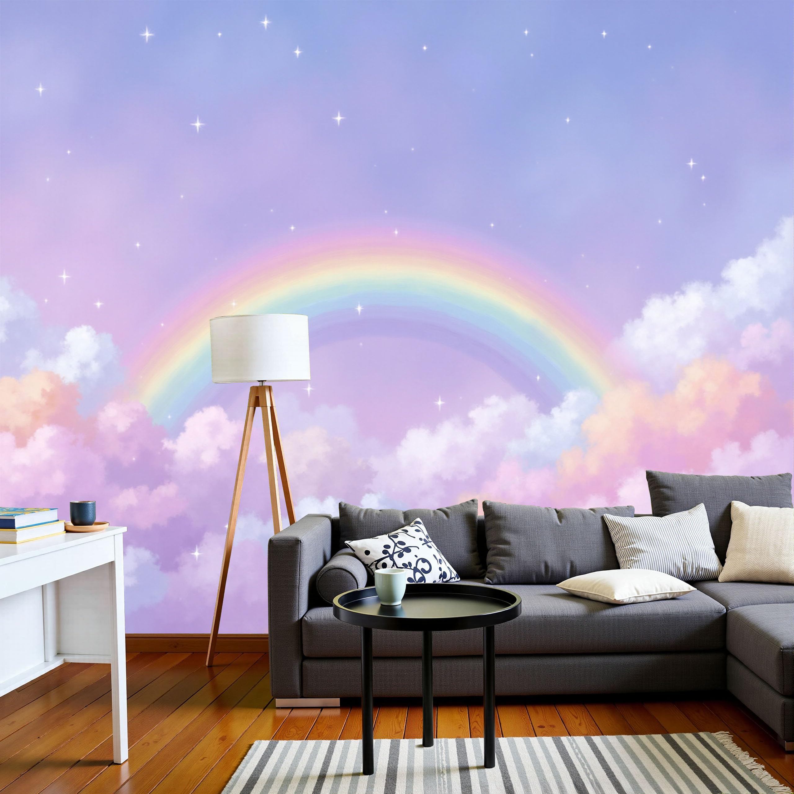 Papier Peint Ciel Arc-En-Ciel Effet 3D Nuages de Rêve Lavable Violet Clair