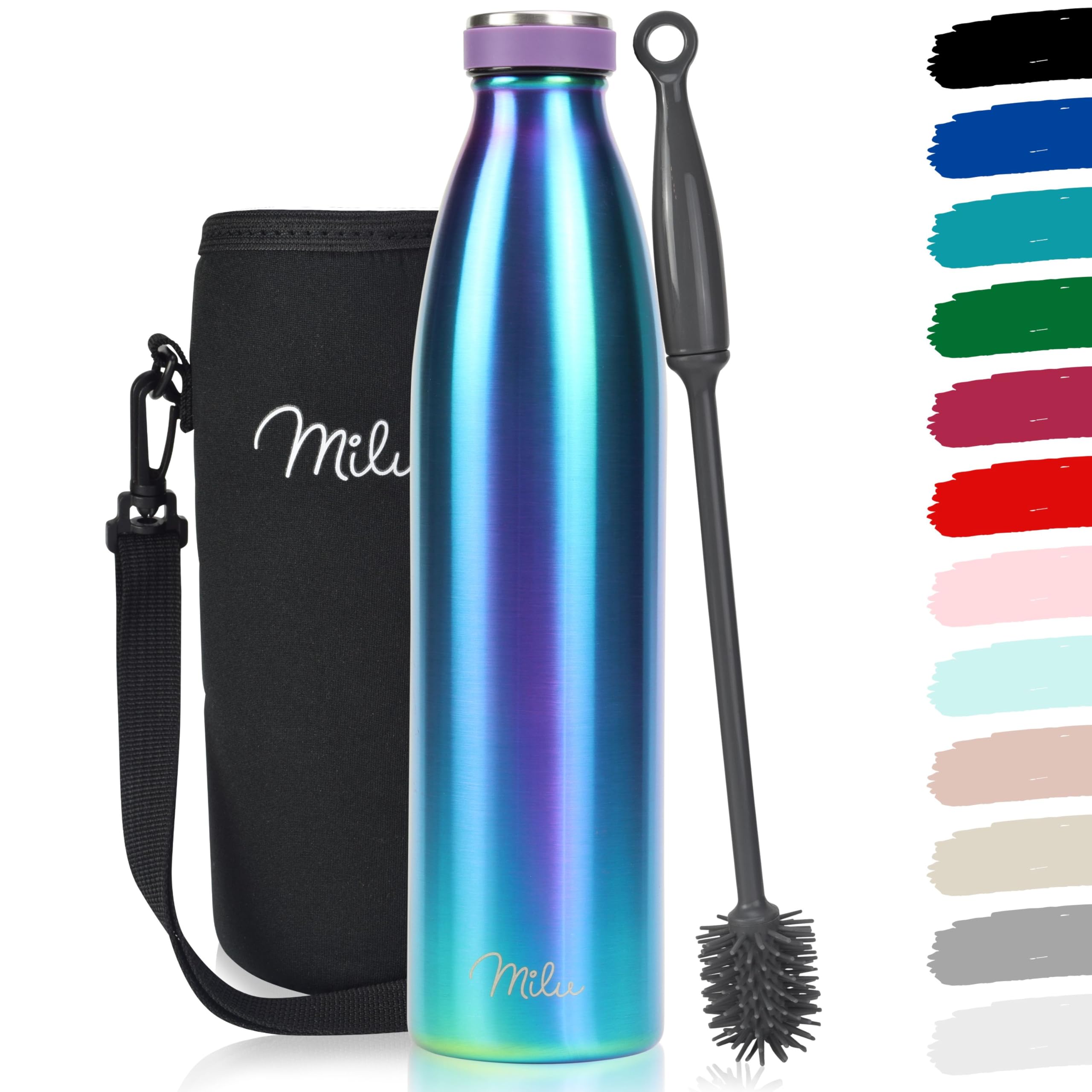 Milu Edelstahl Trinkflasche 1L Thermosflasche auslaufsicher Isolierflasche Kohlensäure geeignet inkl. Reinigungsbürste
