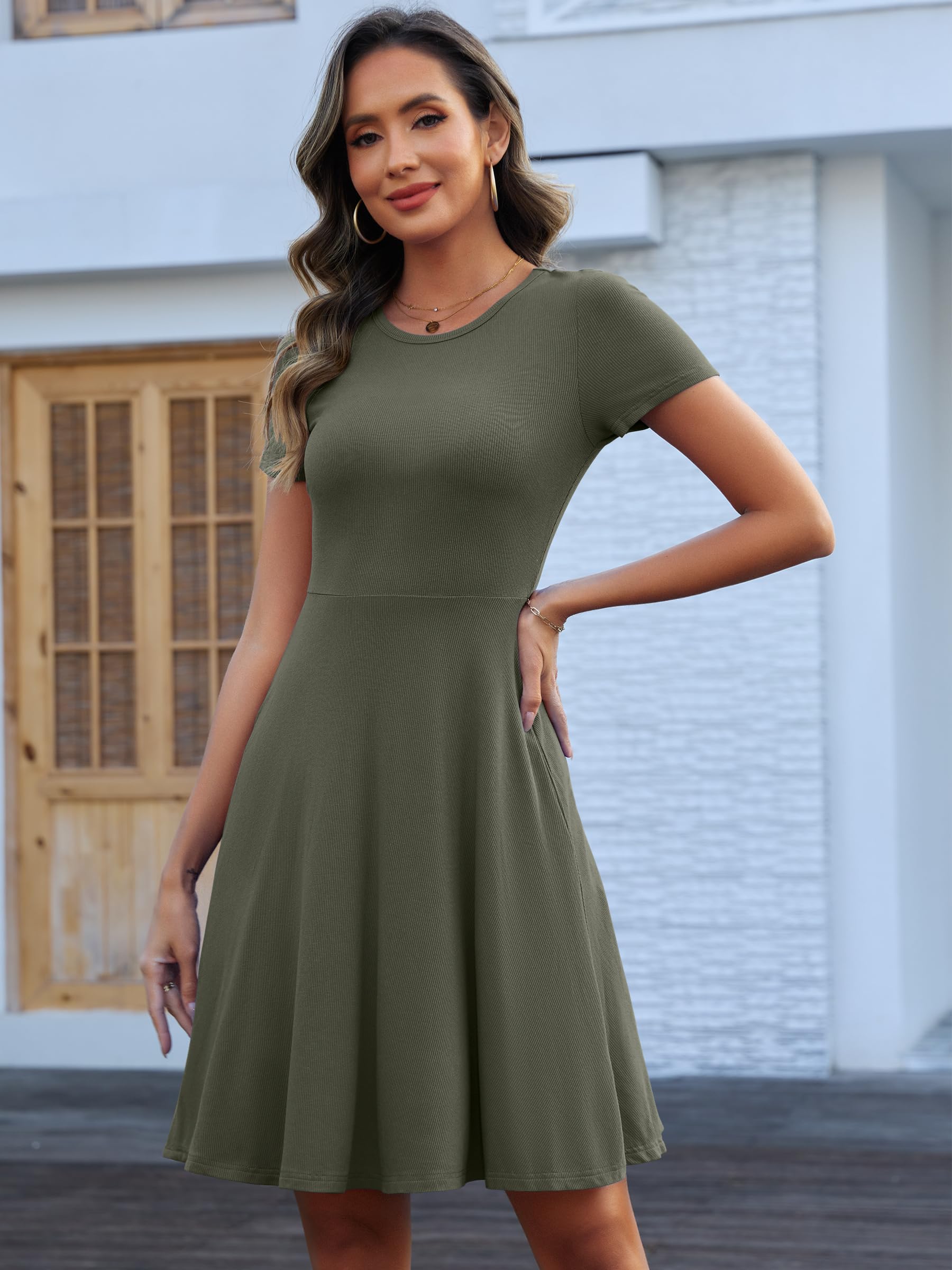 ANRABESS Women Summer Short Sleeve Ribbed Knit Fit & Flare A-Line Flowy Business Casual Work Basic Mini Dress with Pockets Army Green Small: Army Green Medium
