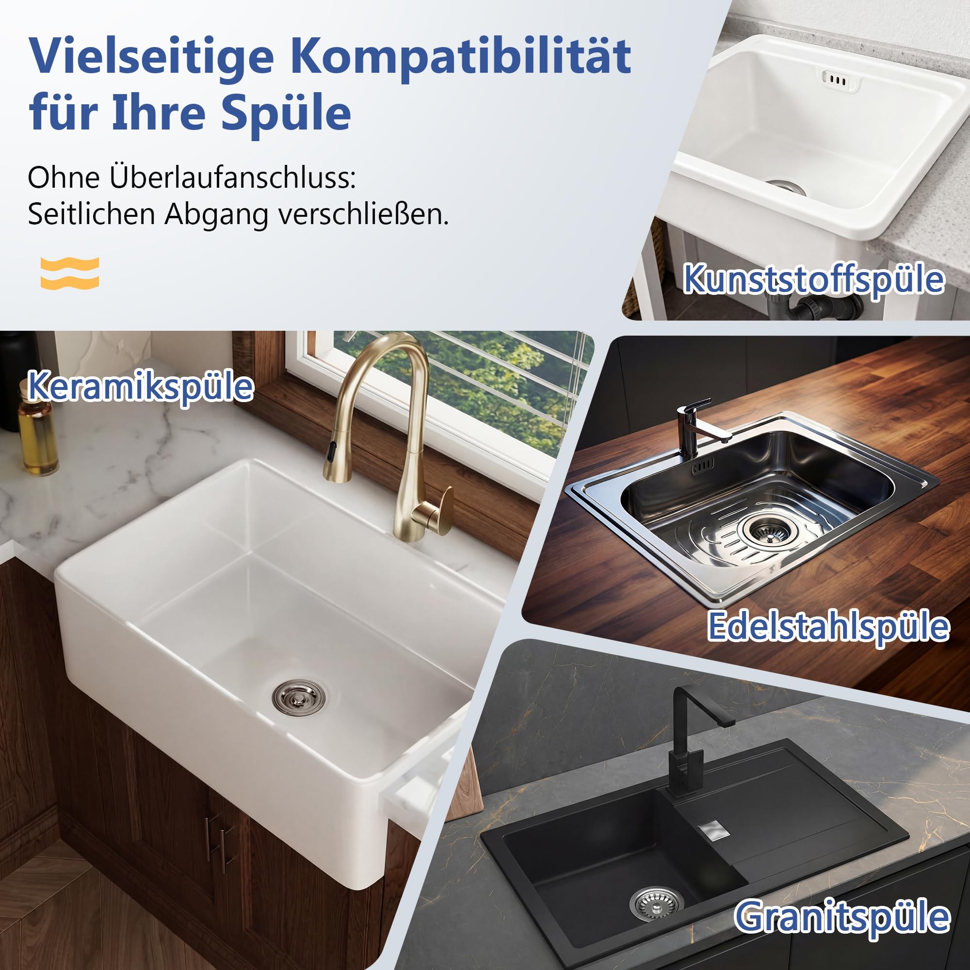 Enhon Keenberk Desagüe de Fregadero con Válvula de Canasta para Fregadero de Cocina 3 1/2" Ø 114mm, Control Excenter con Cable Bowden, Desagüe Universal para Fregaderos de Acero Inoxidable, Granito