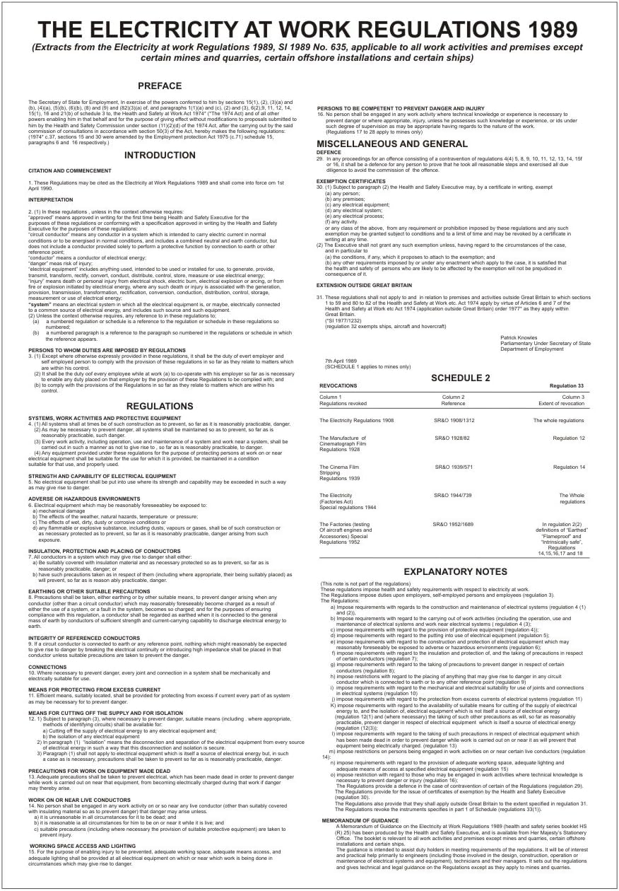 Electricity at Work regulations 1989 Poster