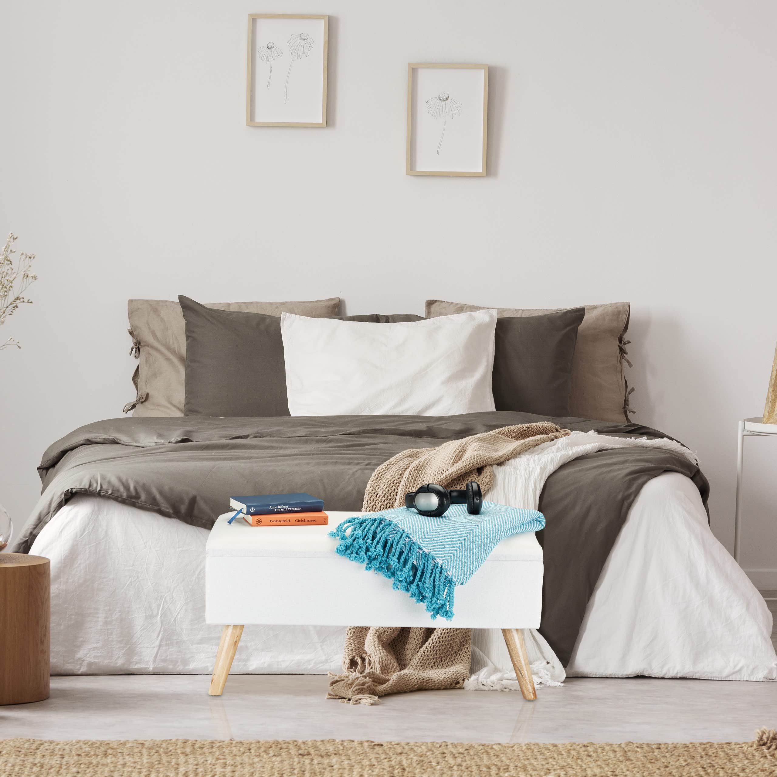 Relaxdays Panca con Contenitore, Imbottita, Gambe in Legno, Cassapanca Foderata, HLP 39,5x79,5x39,5 cm, Marrone