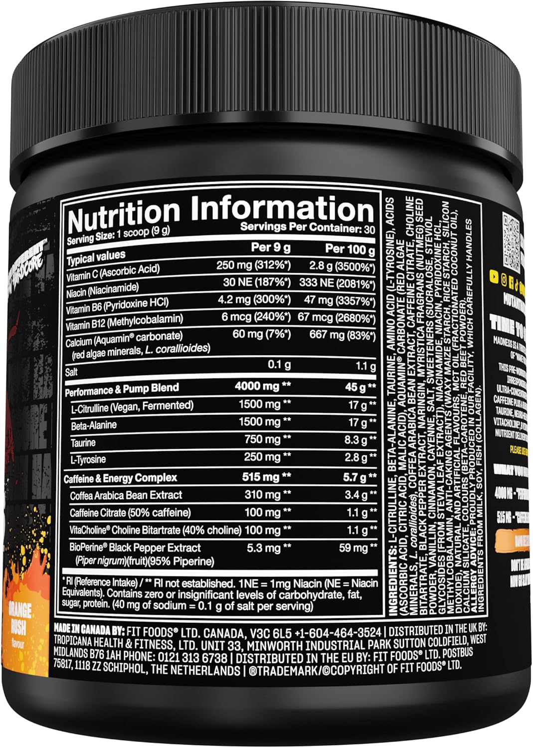 Mutant Madness | Pre Workout Powder Supplement Performance and Pump Blend Includes L-Citrulline, Beta-Alanine, Taurine, L-Tyrosine | 30 Serving |Orange Rush