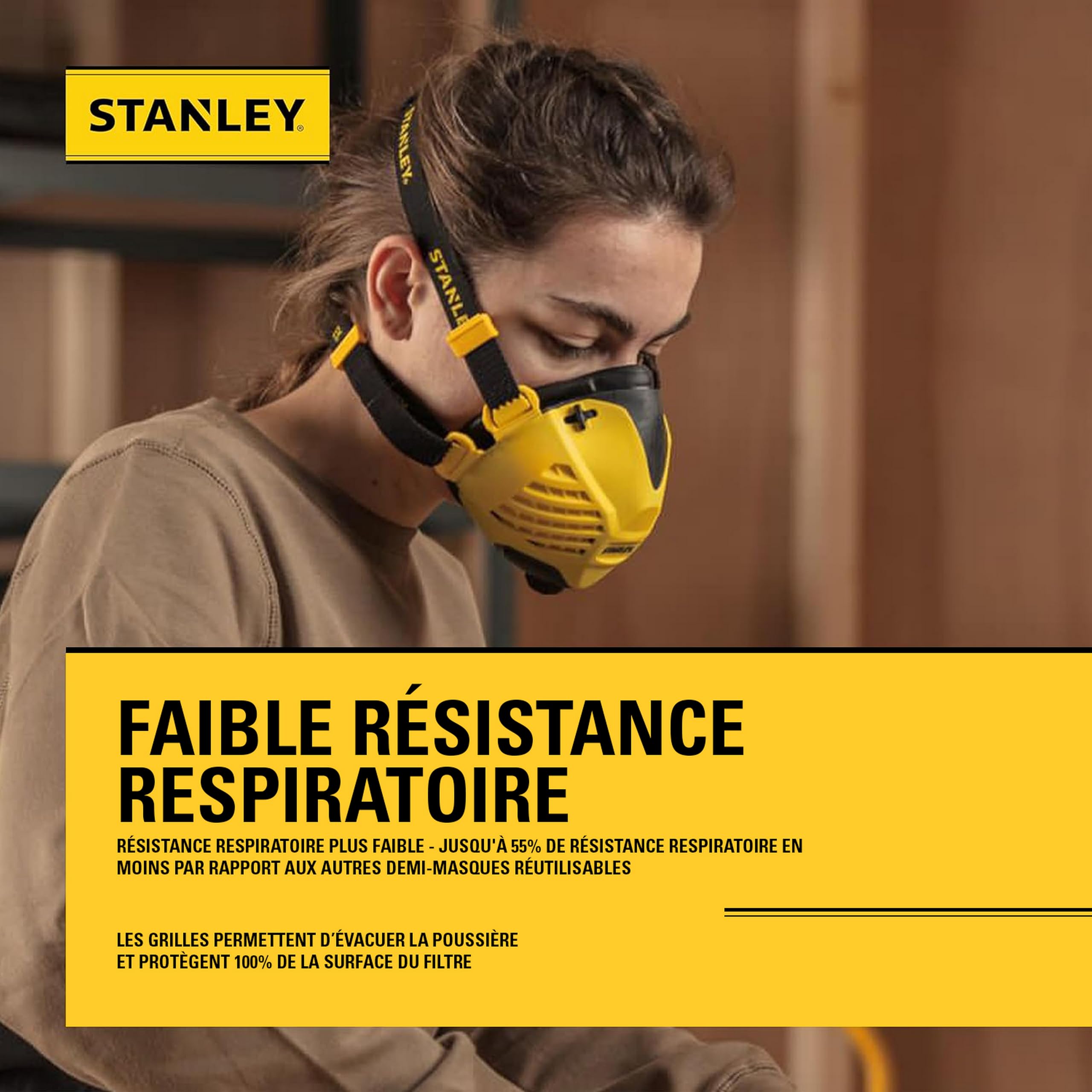 STANLEY Masque Anti-Poussière Demi-Masque Respiratoire Noir/Jaune