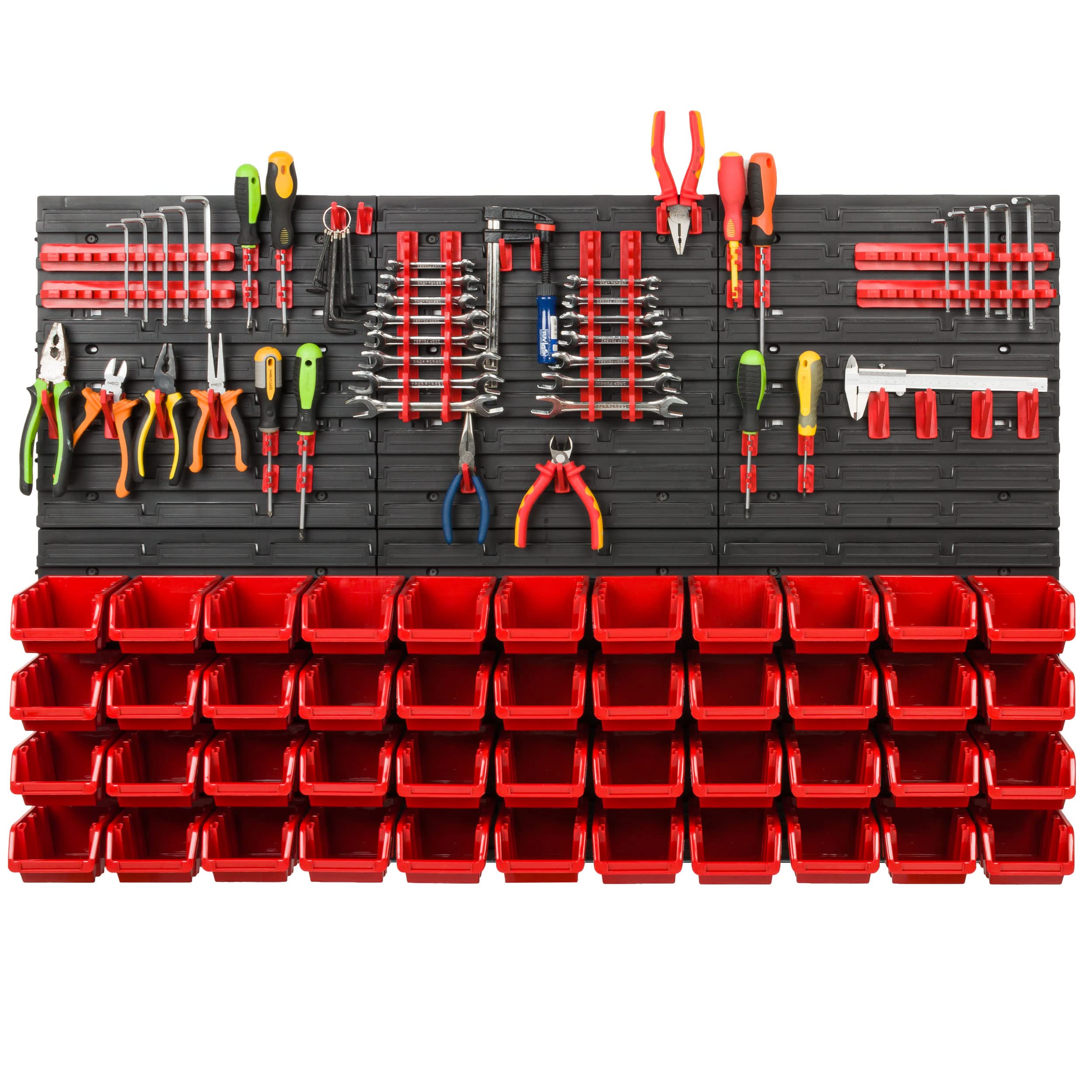 Scaffale da officina, 117 x 78 cm, 44 pezzi, con supporti per attrezzi e scatole impilabili, pannelli da parete, scaffali extra resistenti, per merci, garage, scaffali
