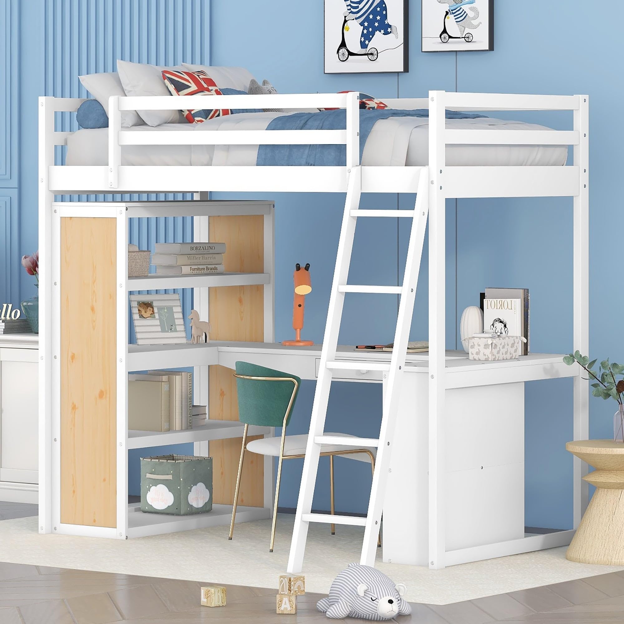 White Twin Loft Bed with Ladder Shelves Desk Modern Contemporary Unisex Space Wood Finish Handmade