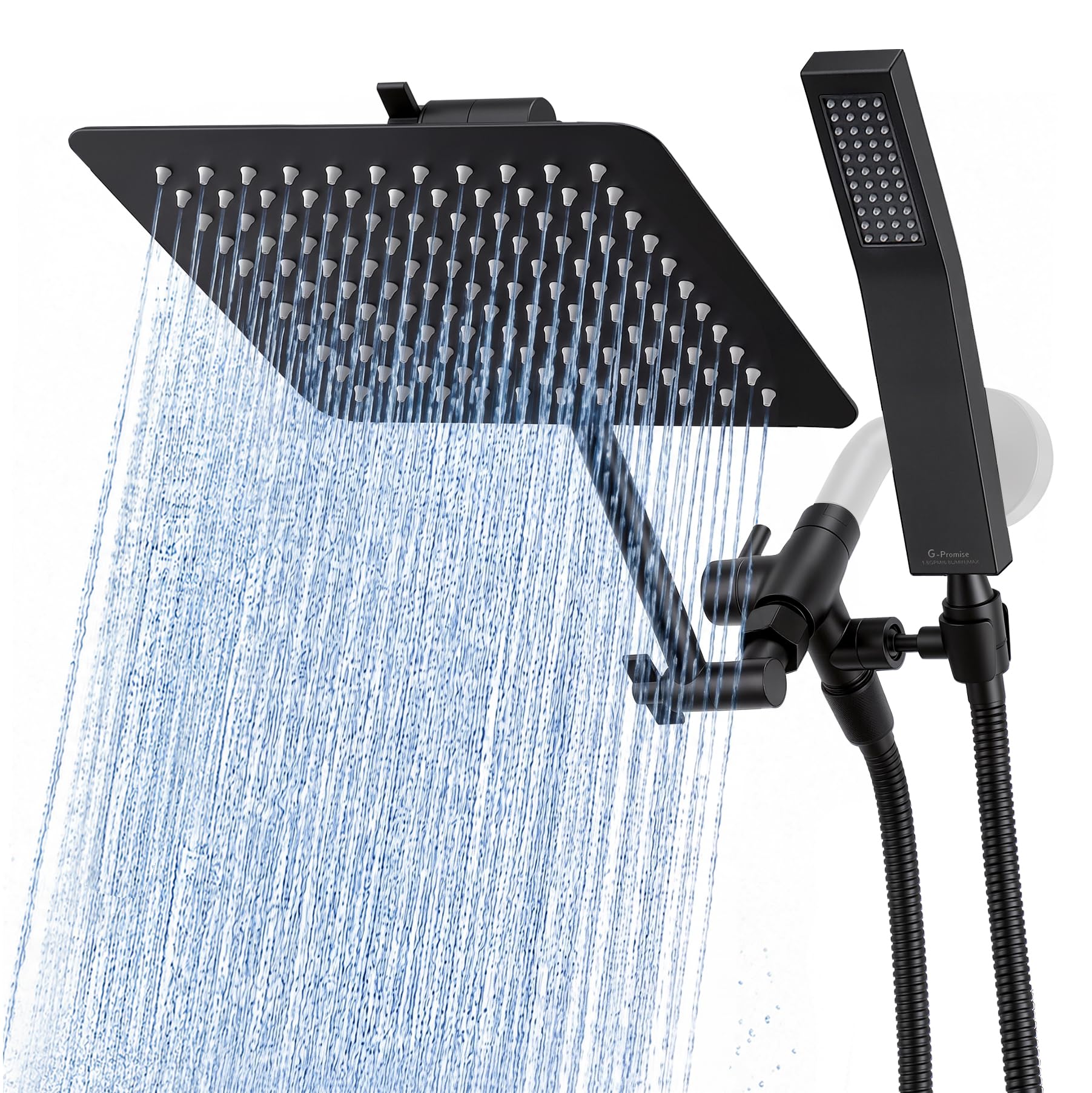 G-Promise All Metal 10" Dual Square Shower Head Combo | Rain Shower Head | Handheld Shower Wand | Adjustable | 3-Way Diverter | 71" Extra Long Hose - A Bathroom Upgrade (Matte Black)