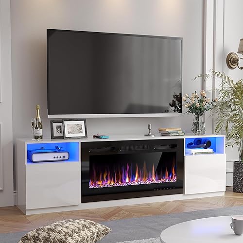 Miniatura 9 de Spurgehom Soporte de TV con chimenea de 70 pulgadas para televisores de hasta 80 pulgadas con chimenea eléctrica de 36 pulgadas, consola de TV para